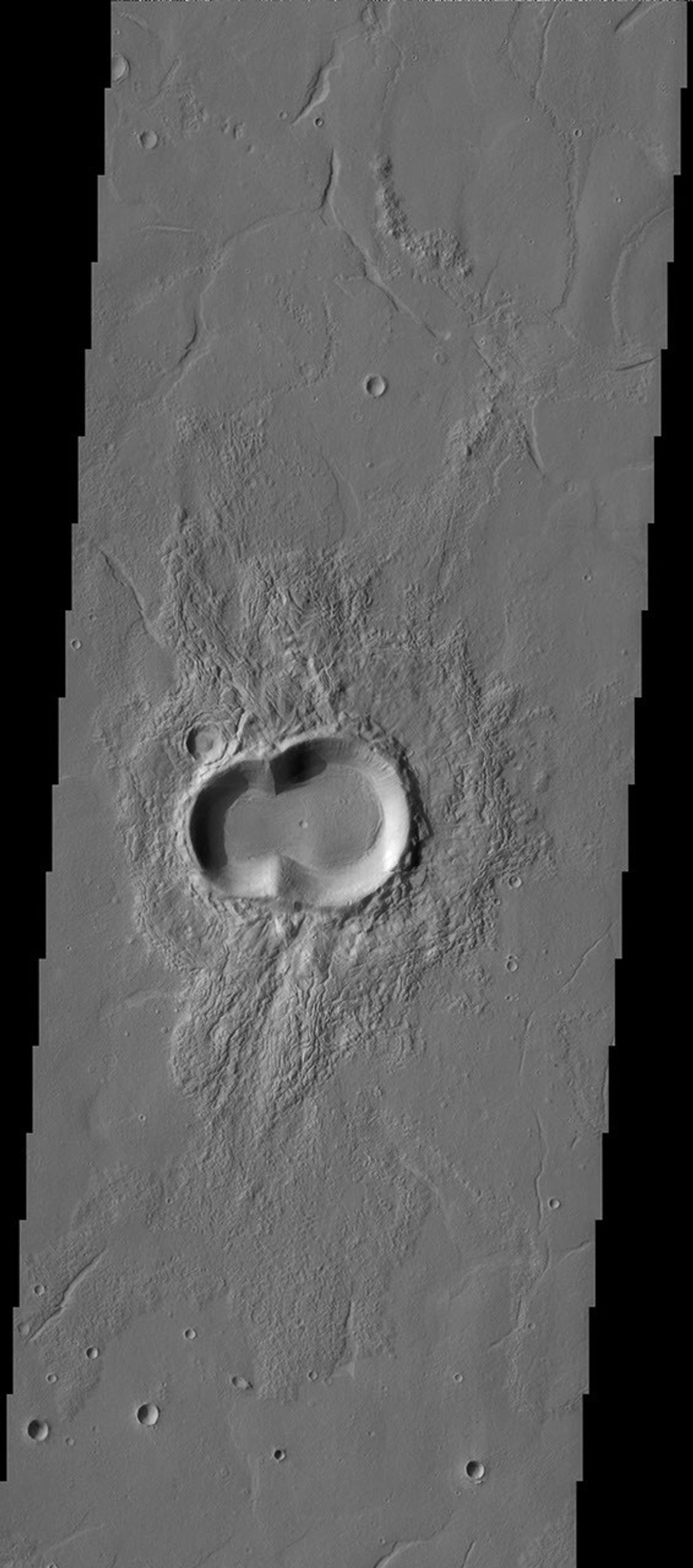 This doublet crater on Mars looks like a melting snowman tipped on his side. Warmth is in the air, as the southern hemisphere of Mars enters spring as seen by NASA's Mars Odyssey spacecraft.