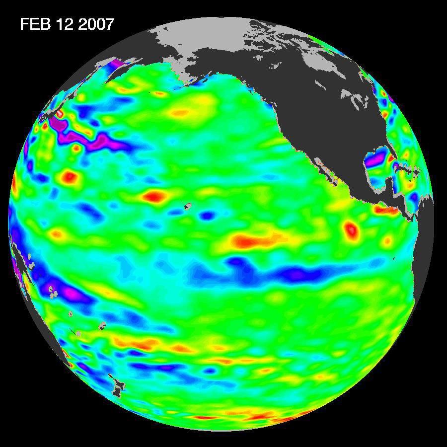 Data of sea-level heights from early February, 2007, by NASA's Jason altimetric satellite show that the tropical Pacific Ocean had transitioned from a warm (El Niño) to a cool (La Niña) condition during the prior two months