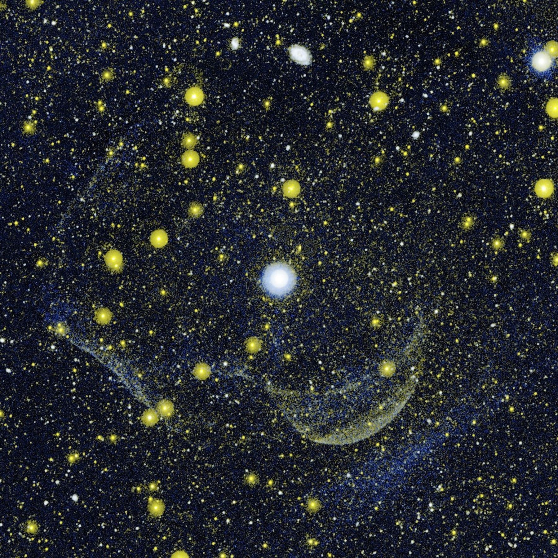 This composite image NASA's Galaxy Evolution Explorer shows Z Camelopardalis, or Z Cam, a double-star system featuring a collapsed, dead star, called a white dwarf, and a companion star, as well as a ghostly shell around the system.