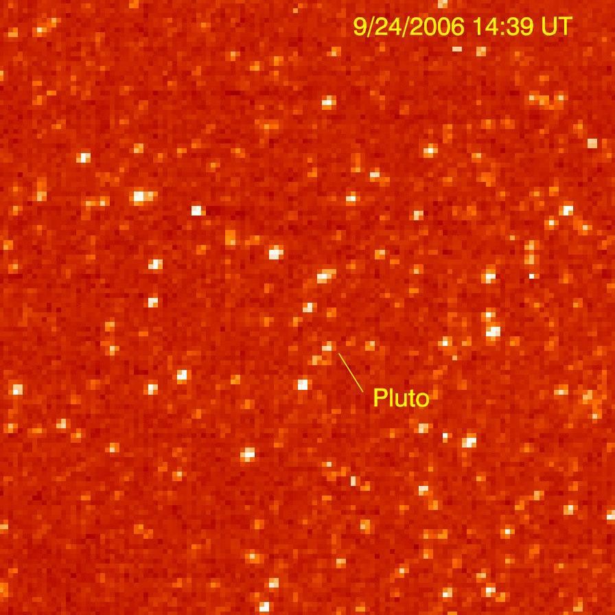 The Long Range Reconnaissance Imager on NASA New Horizons acquired images of the Pluto field three days apart in late September 2006, in order to see Pluto's motion against a dense background of stars.