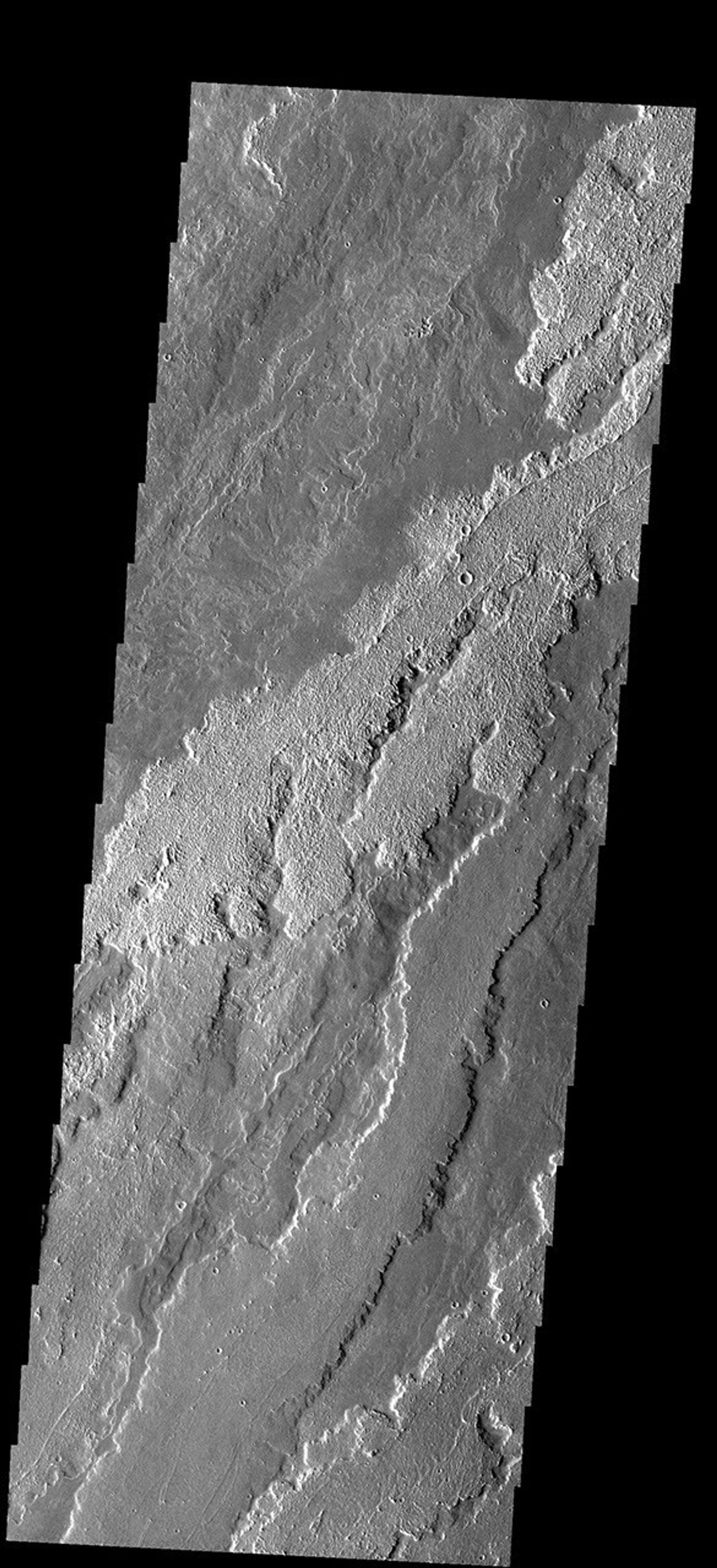 This image from NASA's Mars Odyssey spacecraft shows rough and smooth lava flows, part of the extensive flows from Arsia Mons on Mars.