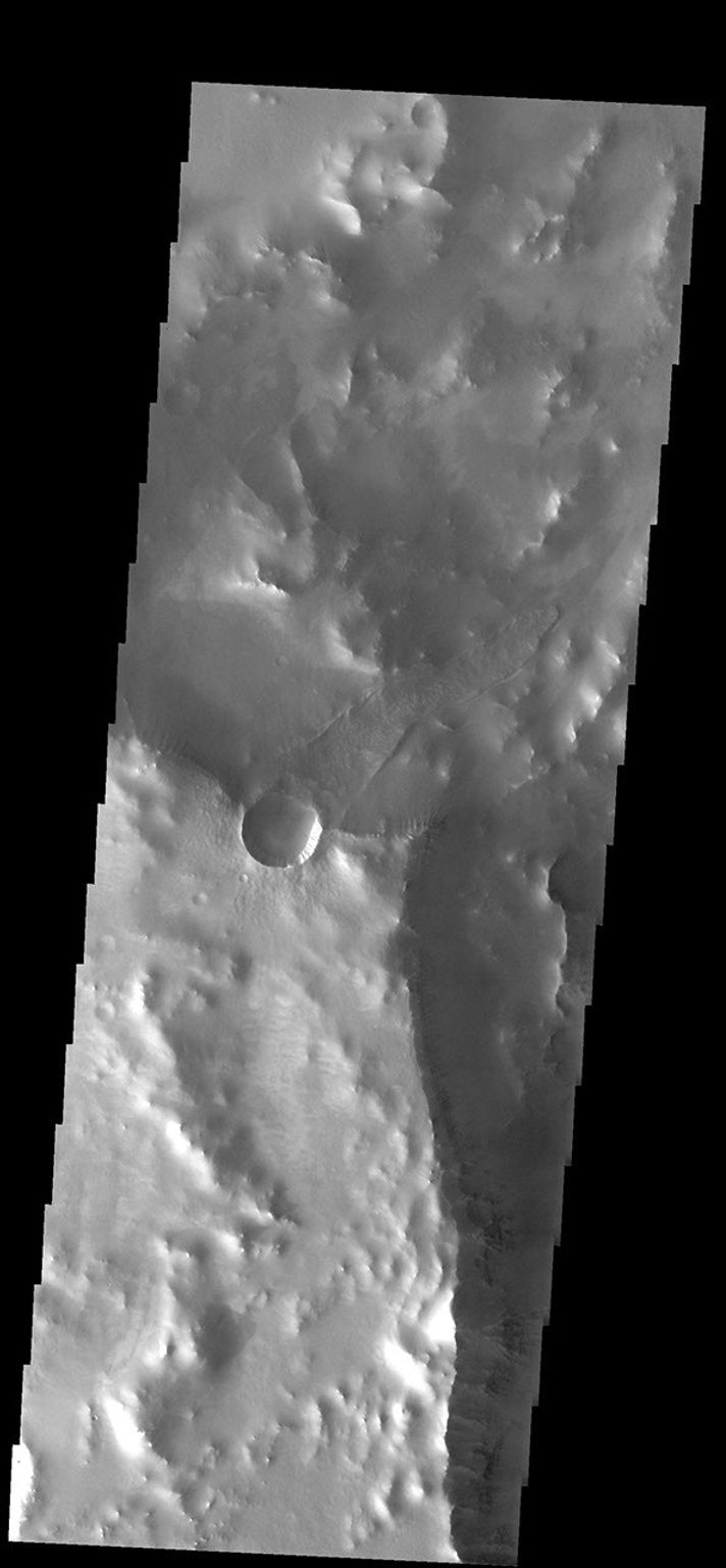 This image from NASA's Mars Odyssey spacecraft shows a small crater bordering the much larger Oudemans Crater. The long landslide could have occurred during the formation of the small crater.