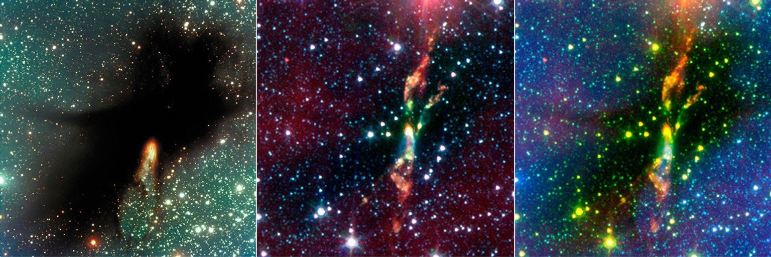 Two rambunctious young stars are destroying their natal dust cloud with powerful jets of radiation, in an infrared image from NASA's Spitzer Space Telescope.