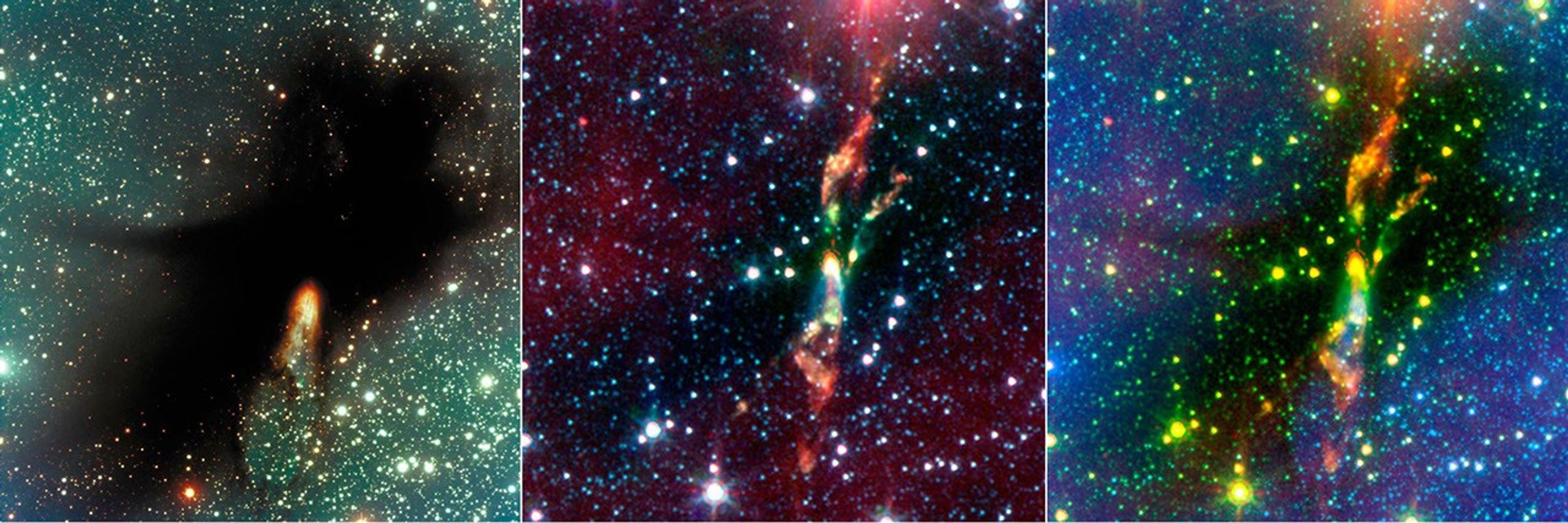 Two rambunctious young stars are destroying their natal dust cloud with powerful jets of radiation, in an infrared image from NASA's Spitzer Space Telescope.
