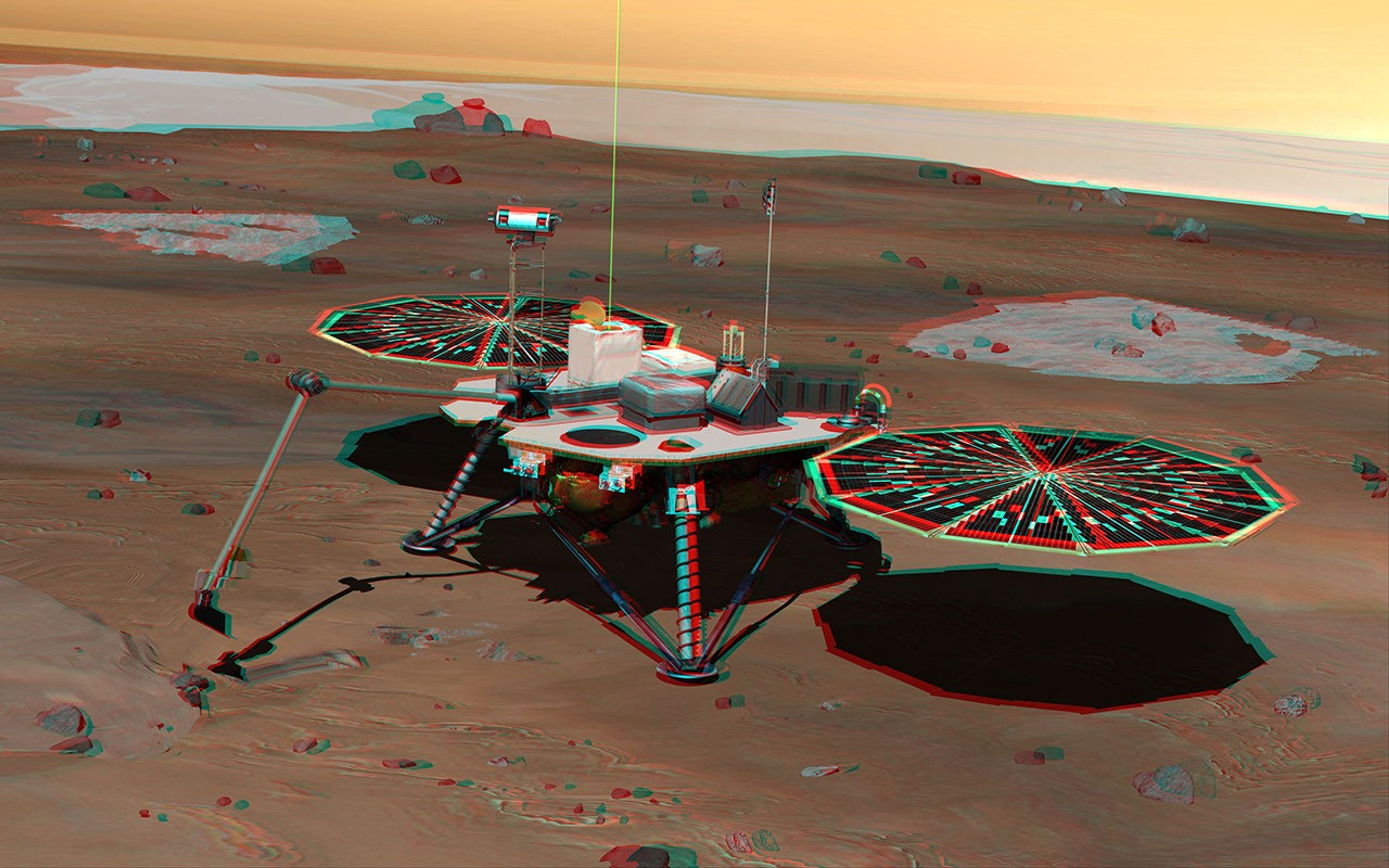 NASA's Phoenix Mars Lander monitors the atmosphere overhead and reaches out to the soil below in this stereo illustration of the spacecraft fully deployed on the surface of Mars. 3D glasses are necessary to view this image.