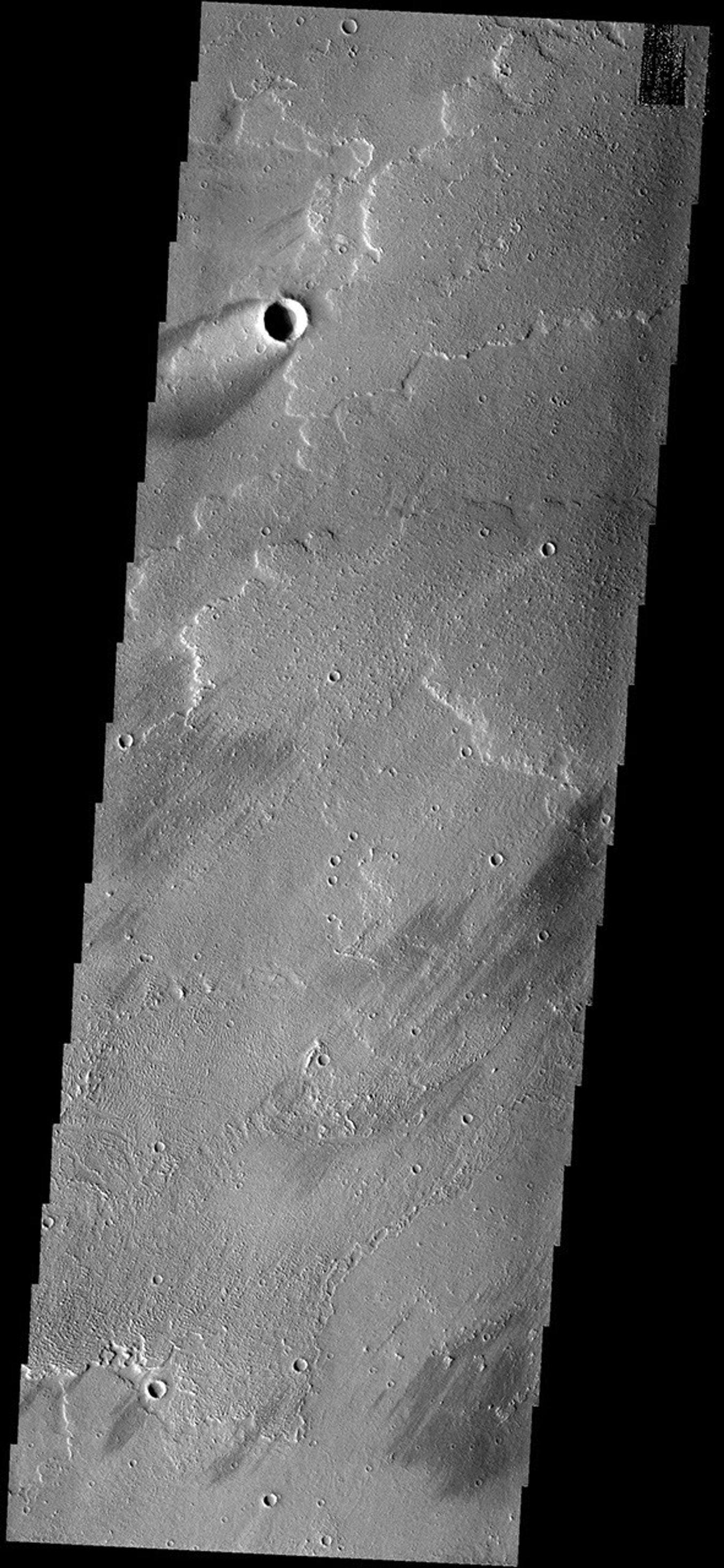 This image from NASA's Mars Odyssey spacecraft shows a crater and windstreak located on lava flows from Arsia Mons. The bright center of the windstreak is where dust has been deposited in the shadow of the crater rim.