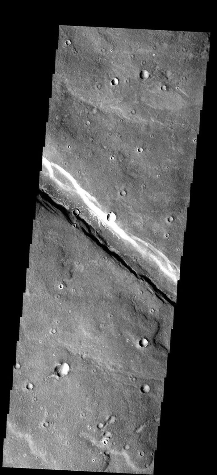 This image from NASA's Mars Odyssey spacecraft shows small bright dunes occurring along the margins of the graben that crosses this image. The graben is an extension of Noctis Labyrinthus into Sinai Planum.