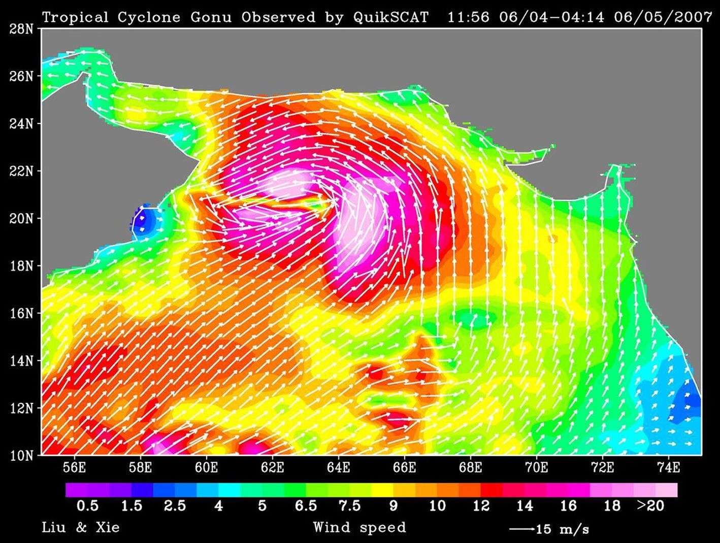 NASA's QuikScat observed a rare tropical cyclone during June, 2007, in the northern part of the Arabian Sea, threatening the petroleum shipping lanes and the Gulf States (e.g. Oman) .