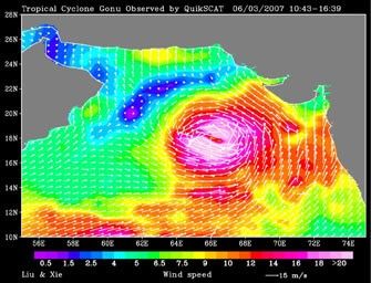 Click here for larger version of PIA09600 Tropical Cyclone Gonu Observed by QuikSCAT on June 3
