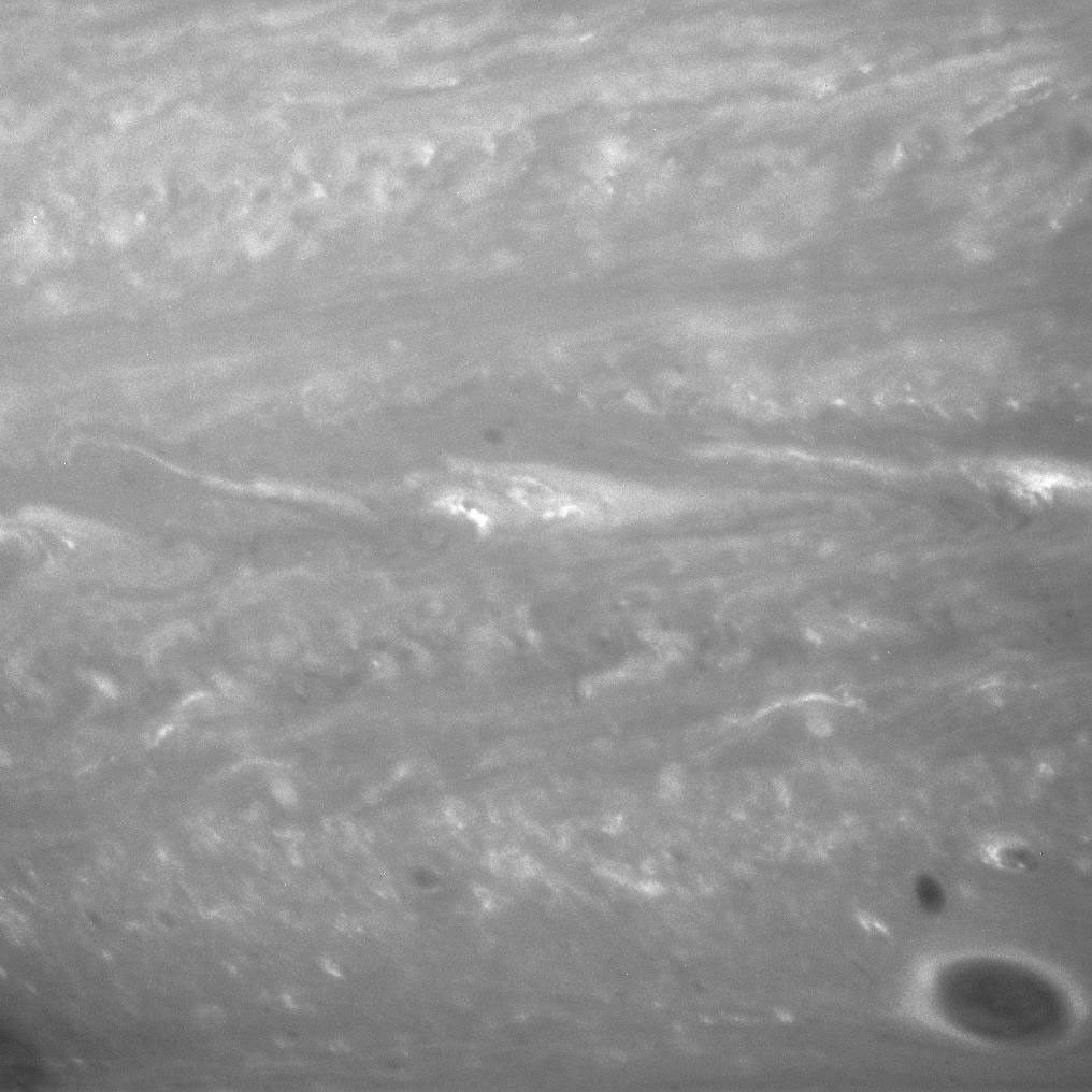 Incredible gales blow in Saturn's twisted atmosphere. Winds in this region of Saturn have been measured at greater than 360 kilometers per hour, faster than the most powerful hurricanes on Earth. This image was obtained by NASA's Cassini spacecraft.