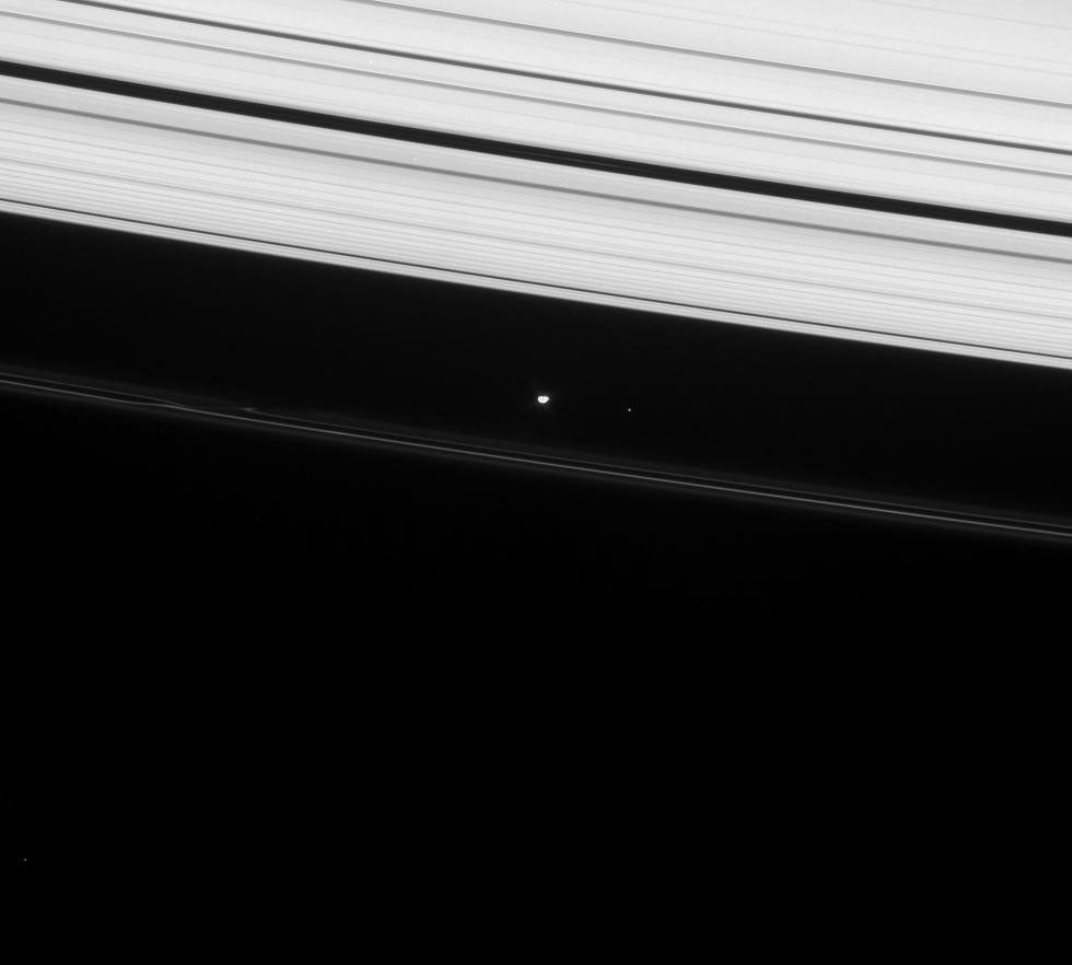 Prometheus shines brightly in this image from NASA's Cassini spacecraft, taken on Jan. 22, 2008, as part of the ongoing campaign to precisely determine the orbits of Saturn's small moons.