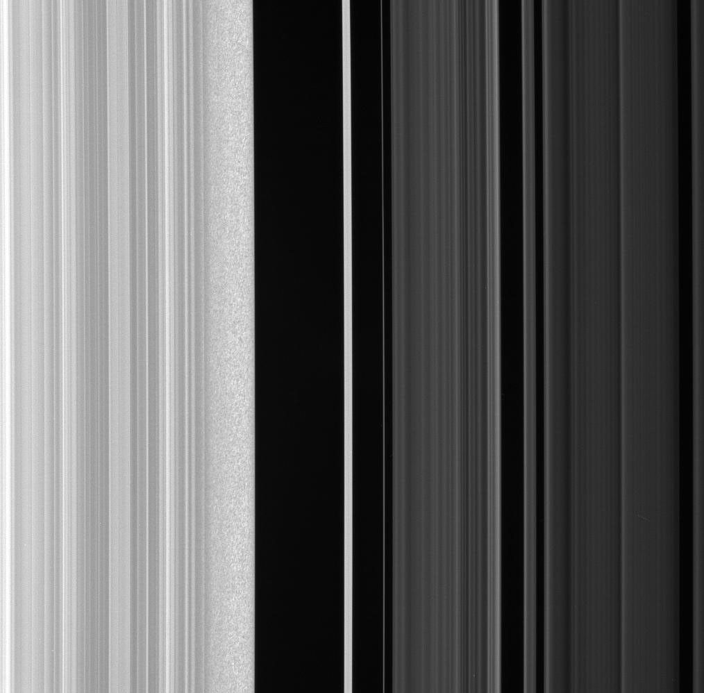 NASA's Cassini spacecraft stares at the Huygens Gap, the region between Saturn's outer B ring and the ringlets of the prominent Cassini Division in this view taken on Jan. 28, 2008.