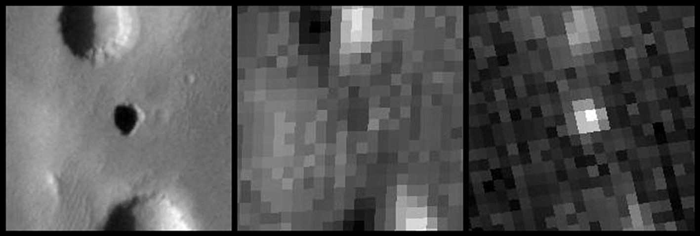 This image from NASA's Mars Odyssey spacecraft shows a possible cave skylight, informally called Annie, found on the northern slope of a high martian volcano named Arsia Mons which has a diameter about double the length of a football field.