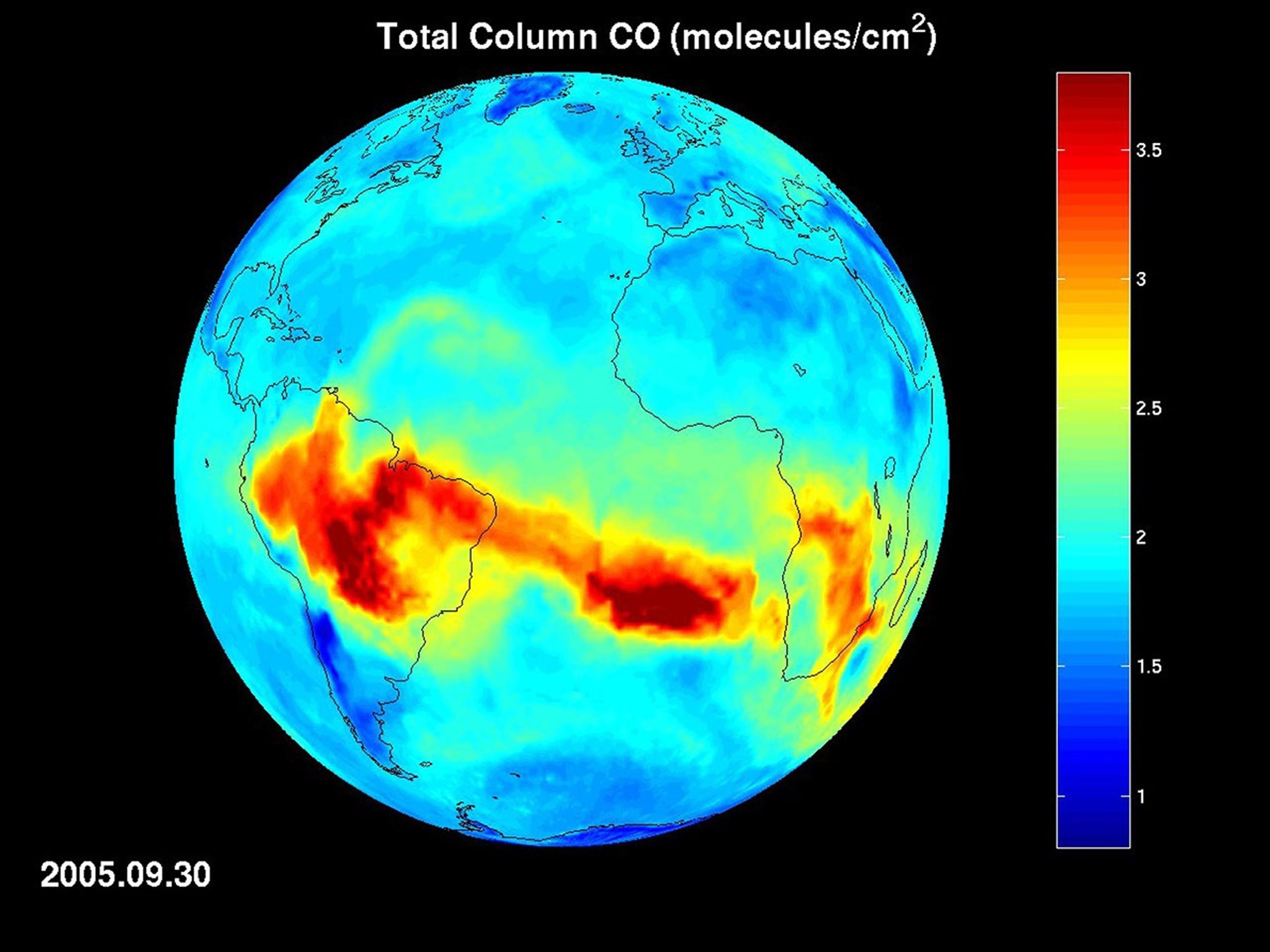 Map of carbon monoxide draped on globe: time Series from 8/1/2005 to 9/30/2005 from the Atmospheric Infrared Sounder (AIRS) on NASA's Aqua satellite.