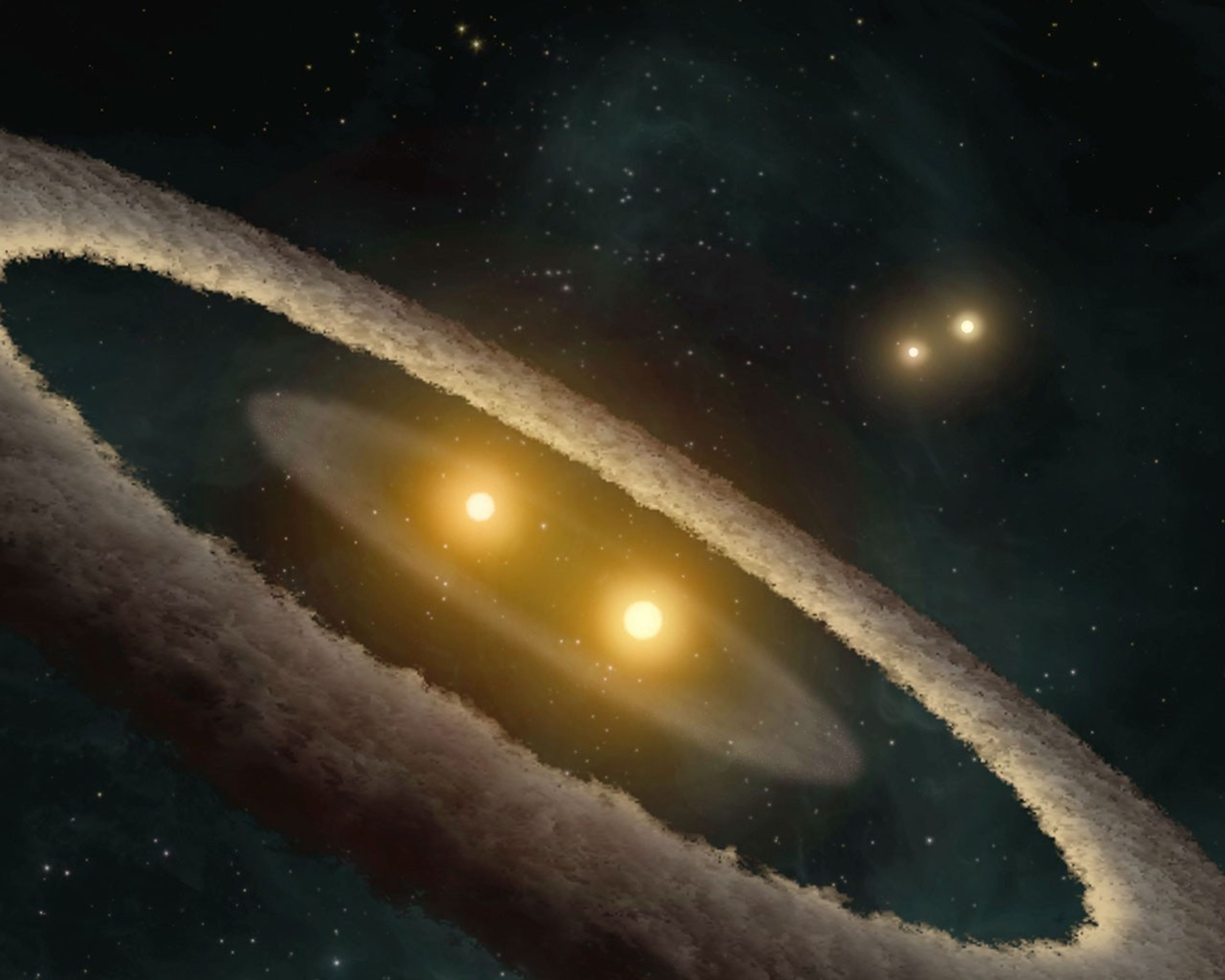 This artist concept based on data from NASA's Spitzer Space Telescope, depicts a quadruple-star system called HD 98800. The system is approximately 10 million years old, and is located 150 light-years away in the constellation TW Hydrae.