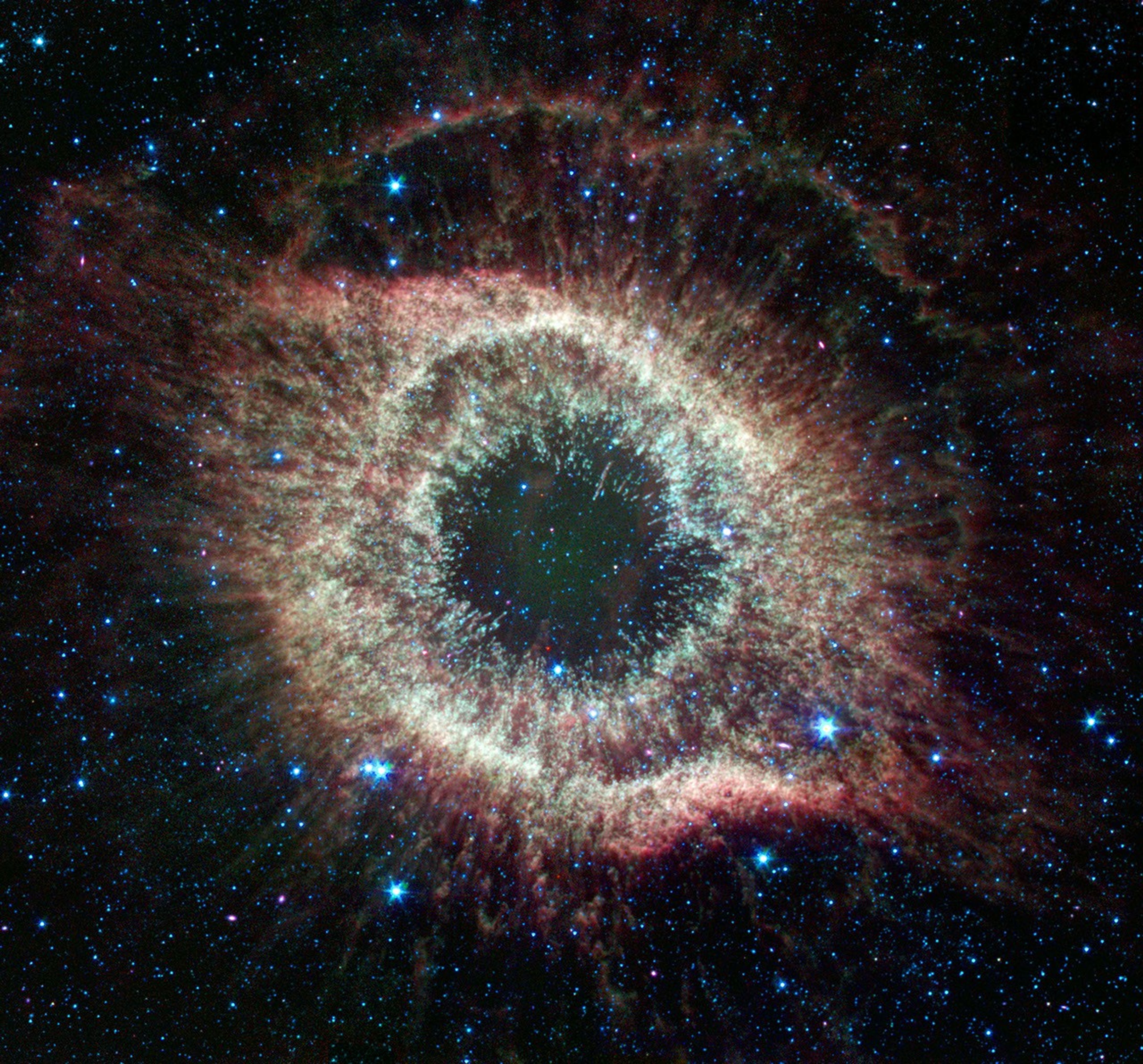 An expanded image of the Helix nebula lends a festive touch to the fourth anniversary of the launch of NASA's Spitzer Space Telescope.