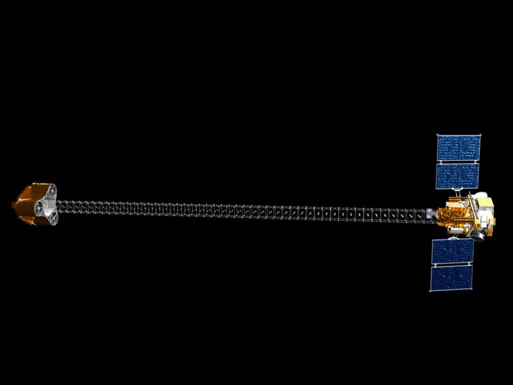 Artist concept of NASA's Nuclear Spectroscopic Telescope Array, managed by JPL. It will expand our understanding of the origins and destinies of stars and galaxies.