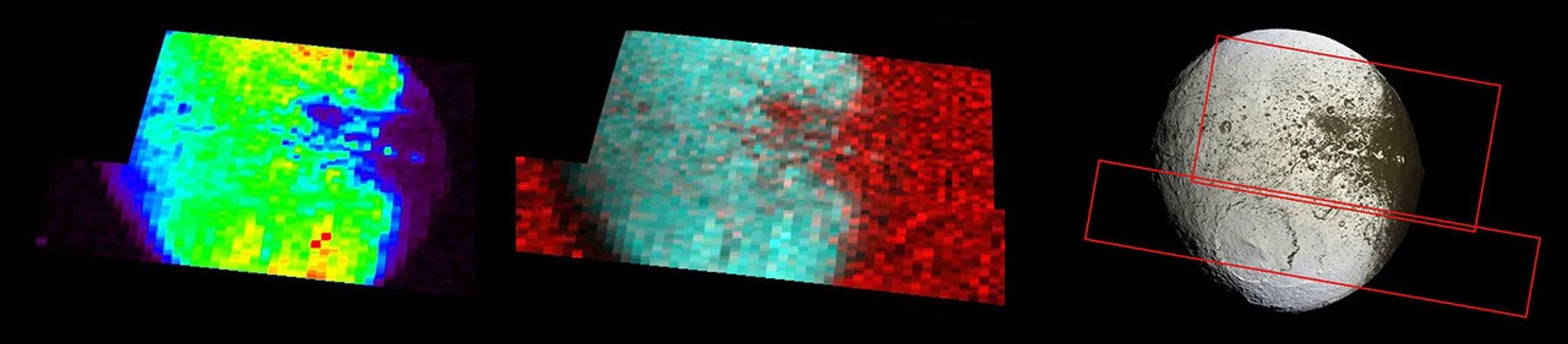 These images show the bright-dark boundary region on Saturn's moon Iapetus at far-ultraviolet wavelengths, viewed by NASA's Cassini spacecraft on Sept. 10, 2007.