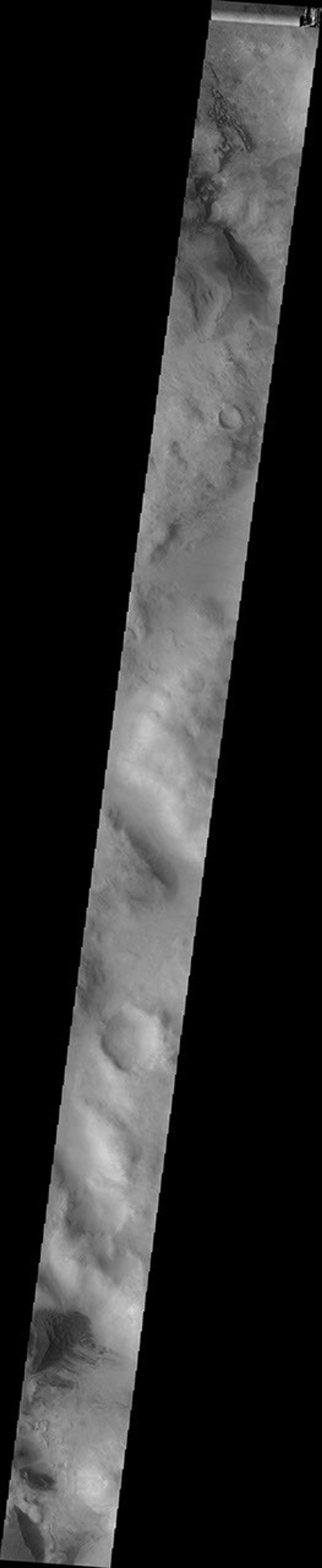This image from NASA's Mars Odyssey spacecraft shows dunes in the Nereidum Montes, the mountainous region surrounding the lowest portion of the Argyre Basin.