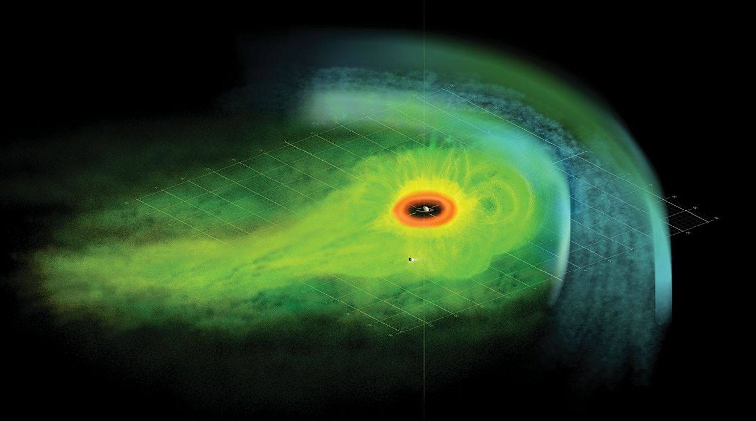 This is an artist's concept of the Saturnian plasma sheet based on data from the magnetospheric imaging instrument on NASA's Cassini. It shows Saturn's embedded 'ring current,' an invisible ring of energetic ions trapped in the planet's magnetic field.