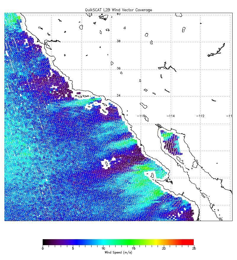 The scope and extent of the strong Santa Ana wind event in Southern California the week of Oct. 21, 2007, is visible in this image from NASA's QuikScat satellite.