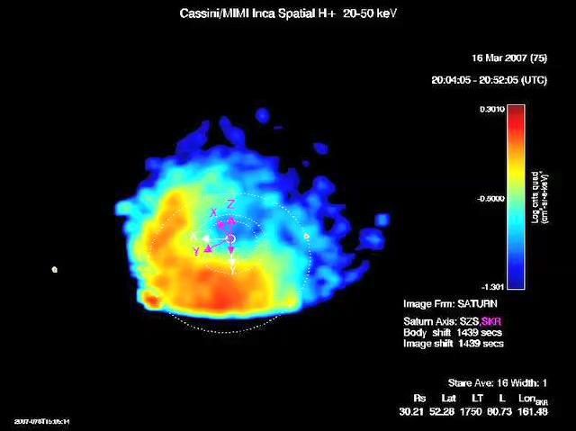This image was taken with NASA's Cassini Magnetospheric Imaging Instrument's ion and neutral camera, showing Saturn's dynamic 'ring current,' which is an invisible ring of energetic ions trapped in the magnetic field of the planet.