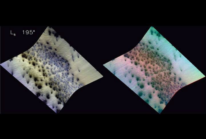 NASA's CRISM onboard the Mars Reconnaissance Orbiter shows Mars' seasonal caps consist of frozen carbon dioxide mixed with smaller amounts of water ice frost and dust.