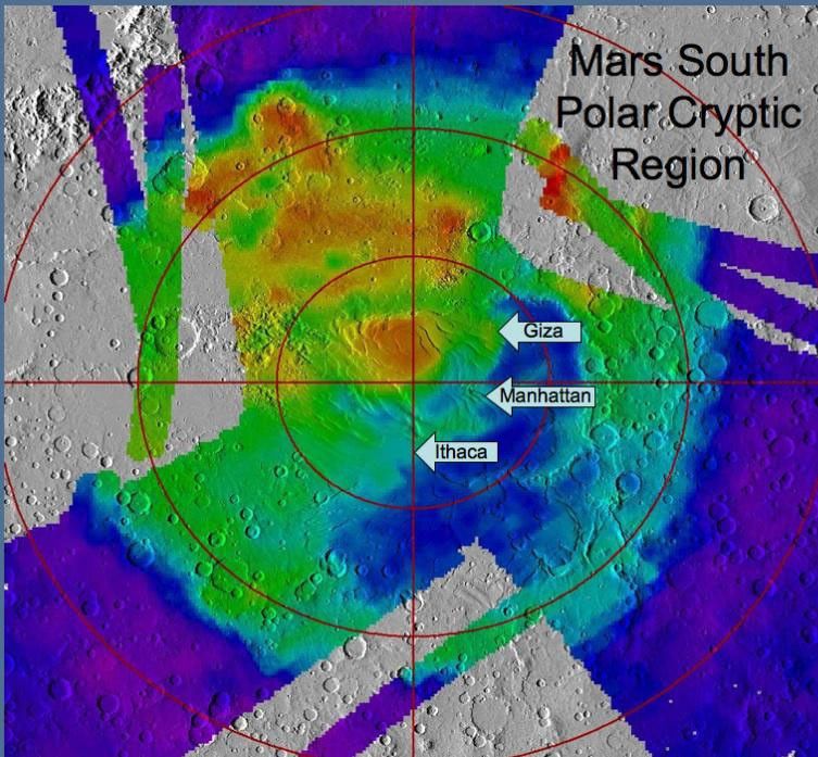 NASA's Mars Global Surveyor shows regional landscape near Mars' south pole called 'cryptic terrain.' Cool colors are areas with a low albedo (dark) and warm colors are areas which have high albedo (bright).