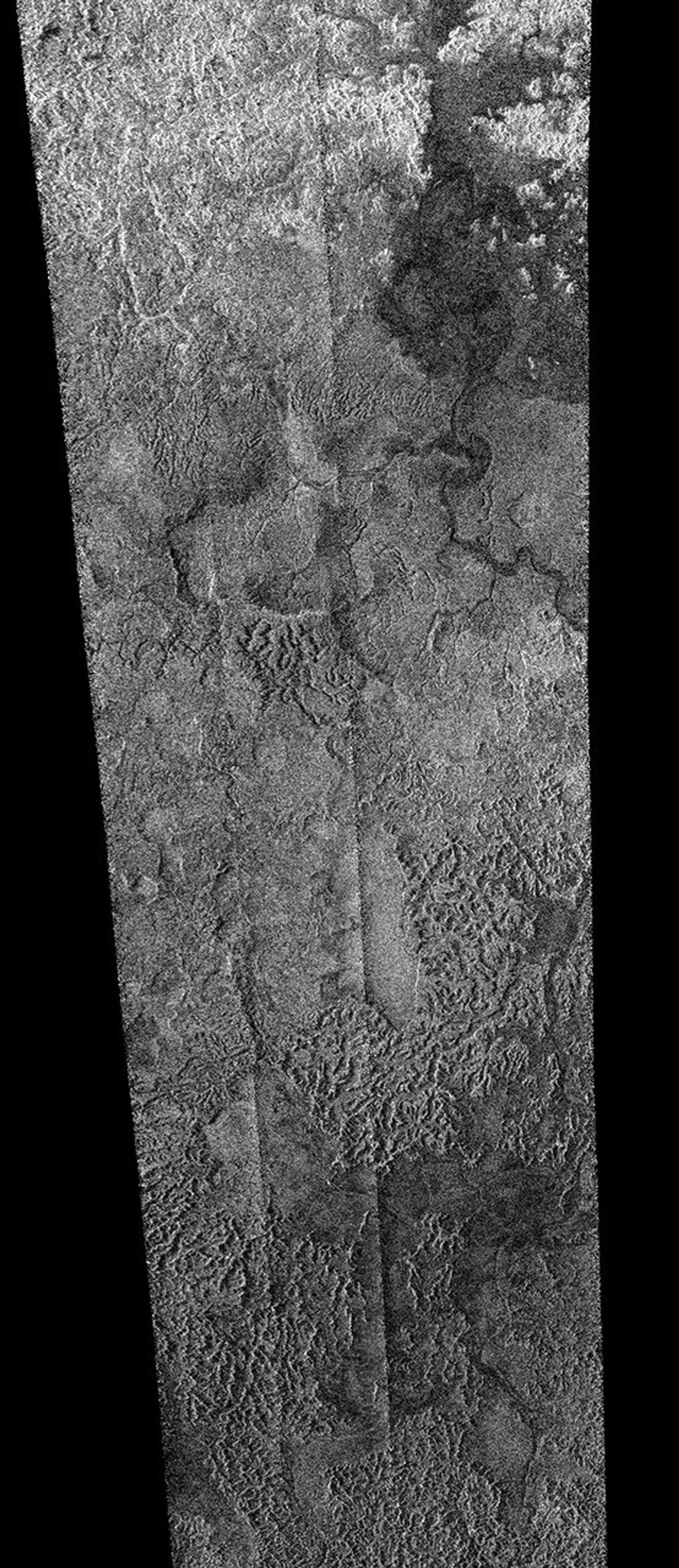 This synthetic aperture radar image was obtained by NASA's Cassini spacecraft on its pass by Titan's south pole on Dec. 20, 2007.
