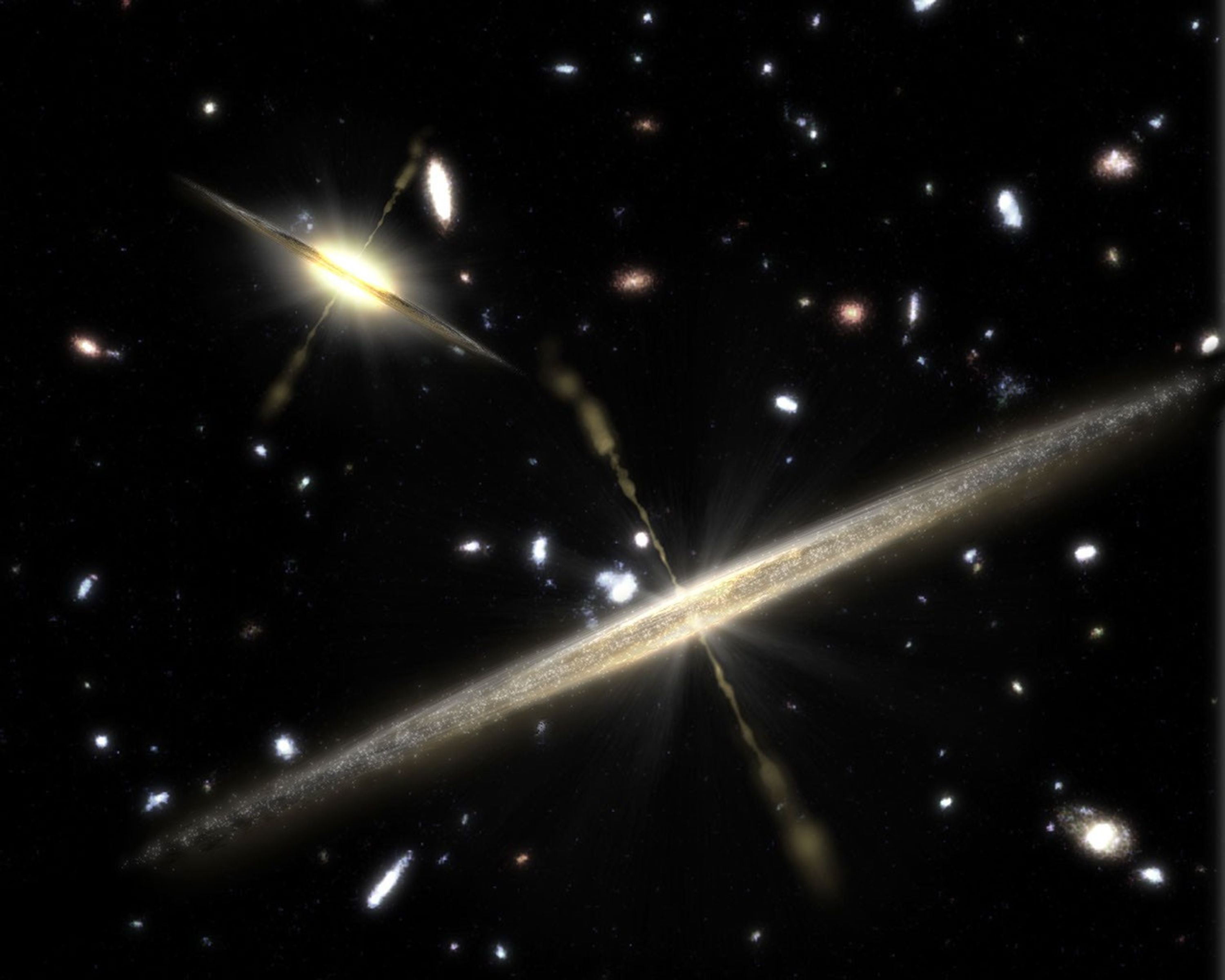 Observations from NASA's Spitzer Space Telescope provide strong evidence that the slender, bulgeless galaxies can, like their chubbier counterparts, harbor supermassive black holes at their cores in this artist concept.