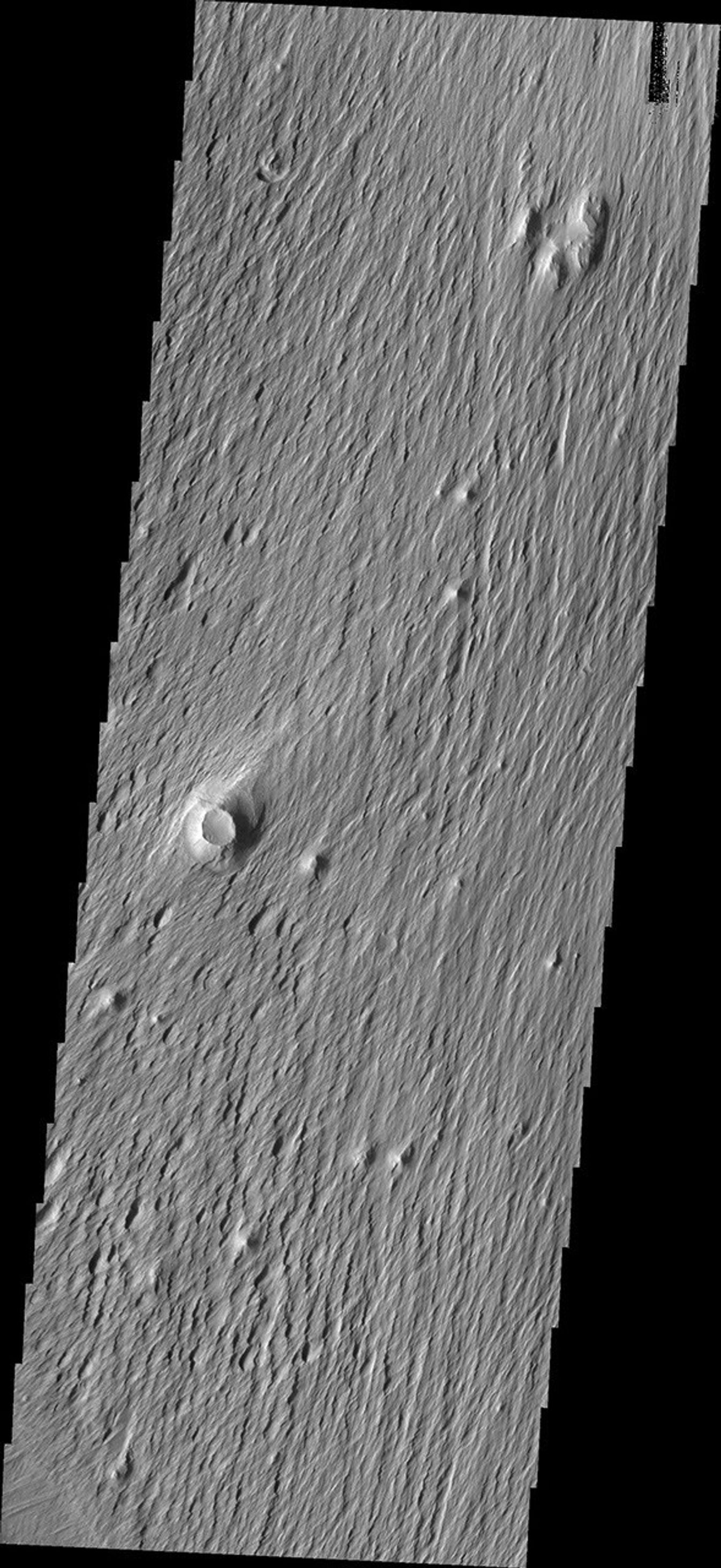 This image from NASA's Mars Odyssey shows an area on Mars where the wind is removing and sculpting the surface. The majority of the surface material in this region is poorly cemented and easy to erode.