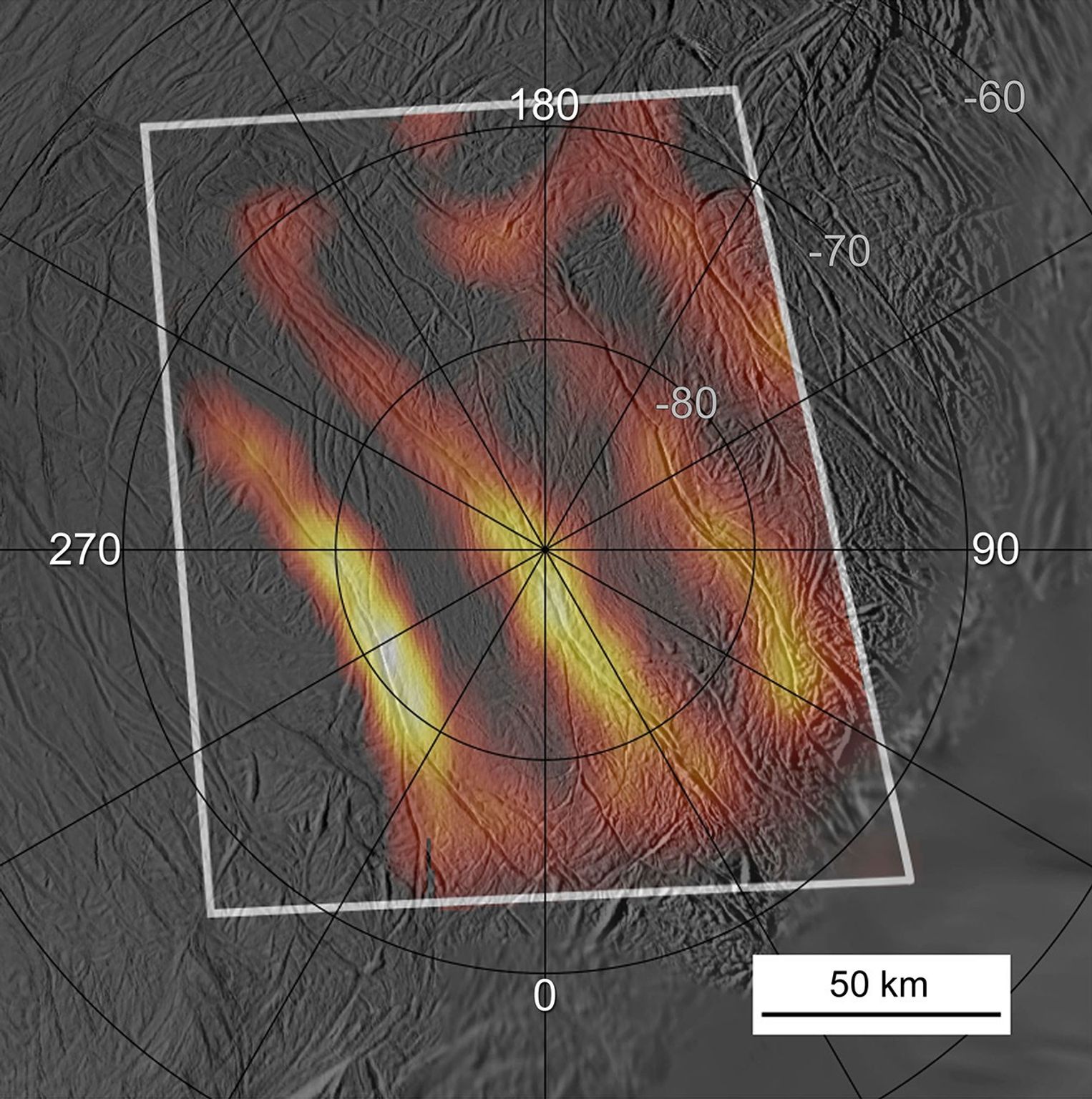 Heat radiating from the entire length of 150 kilometer long fractures is seen in this best-yet heat map of the active south polar region of Saturn's ice moon Enceladus. Measurements obtained by NASA's Cassini spacecraft's Composite Infrared Spectrometer.