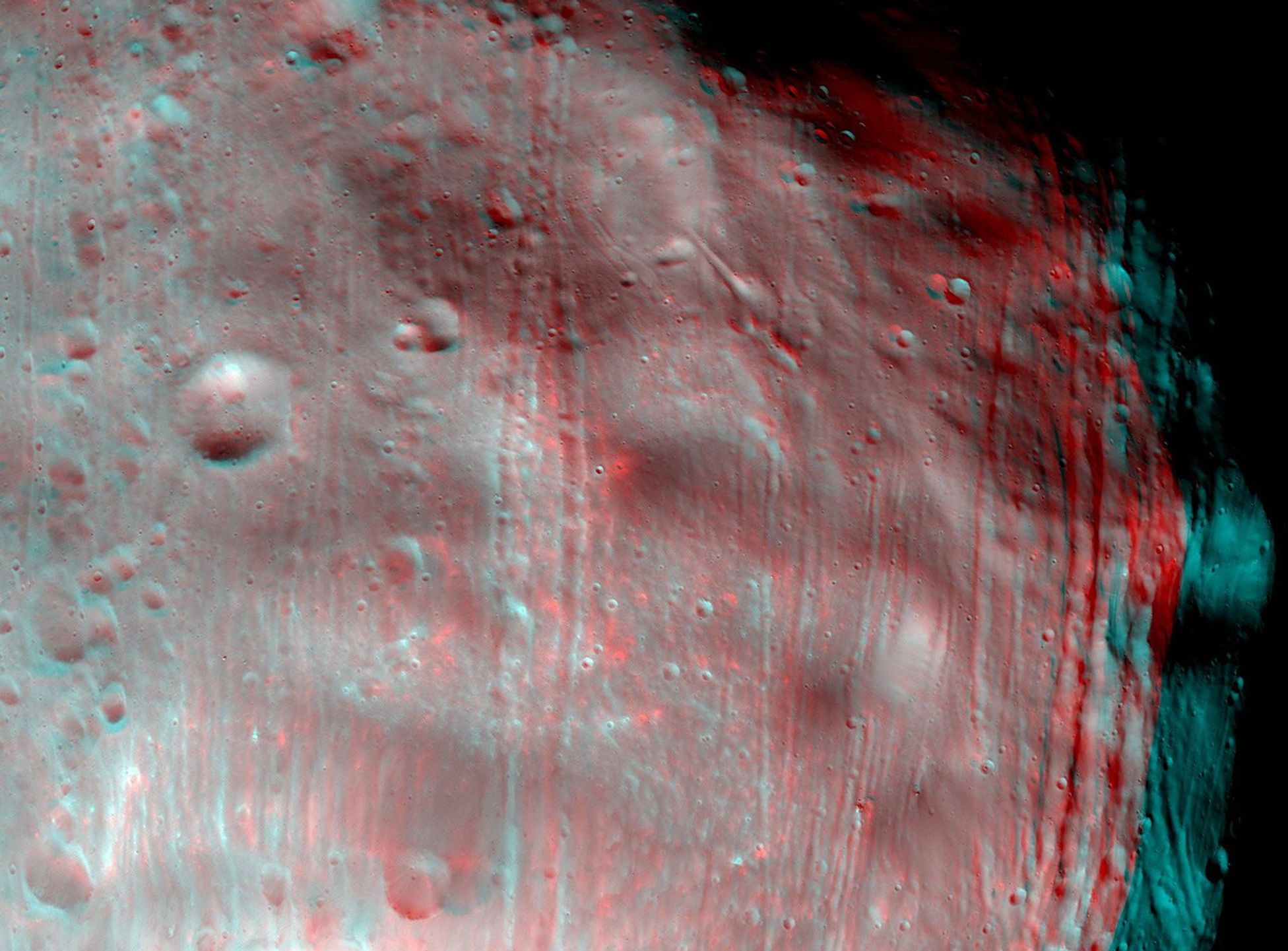 NASA's Mars Reconnaissance Orbiter took two images of the larger of Mars' two moons, Phobos, within 10 minutes of each other on March 23, 2008. 3D glasses are necessary to view this image.