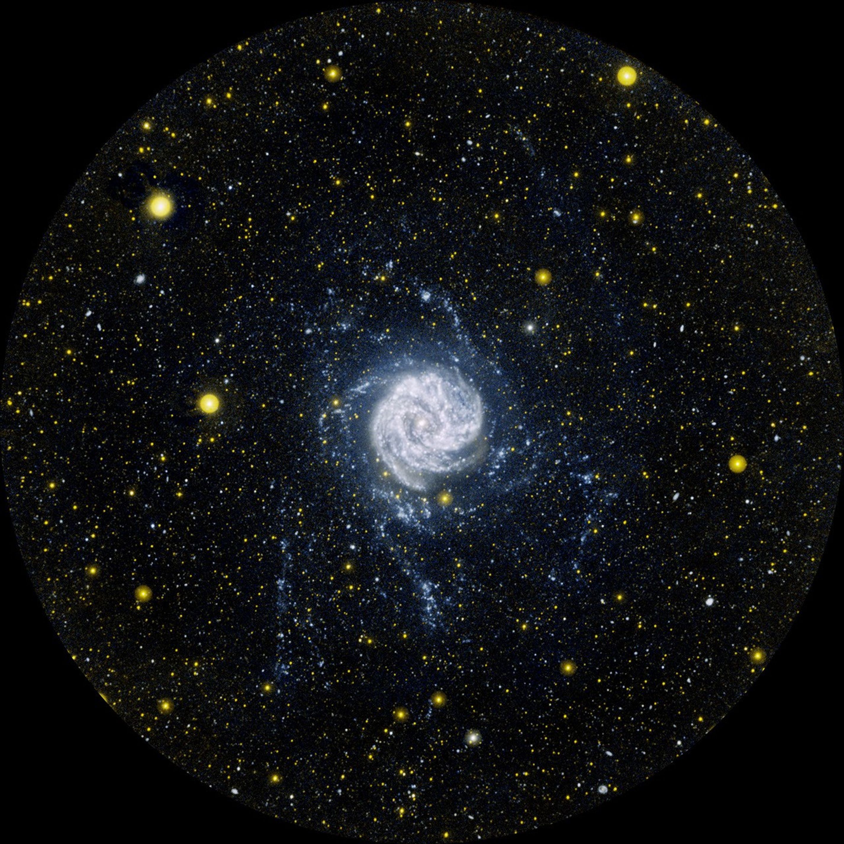 This ultraviolet image from NASA's Galaxy Evolution Explorer shows the Southern Pinwheel galaxy, also know as Messier 83 or M83. It is located 15 million light-years away in the southern constellation Hydra.
