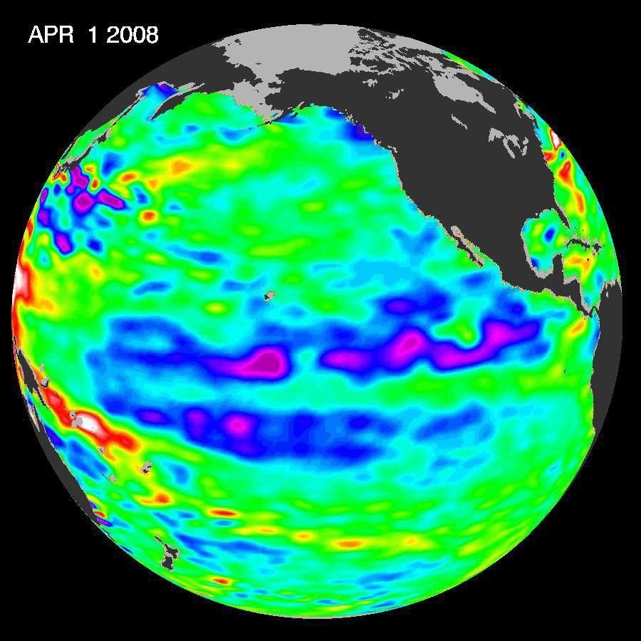 One of the strongest La Niñas in many years is slowly weakening but continues to blanket the Pacific Ocean near the equator, as shown by sea-level height data collected by NASA's U.S.-French Jason oceanographic satellite.