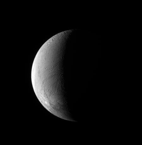 NASA's Cassini spacecraft observes the wrinkled surface of Saturn's moon Enceladus. This view looks toward the Saturn-facing side of Enceladus (504 kilometers, or 313 miles across).