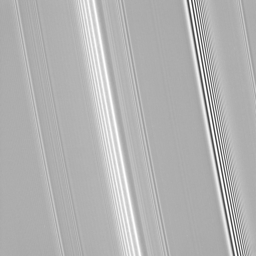 Many features in Saturn's rings are thought to be induced by the gravity of the planet's moons in this image captured by NASA's Cassini spacecraft on Sept. 25, 2008.