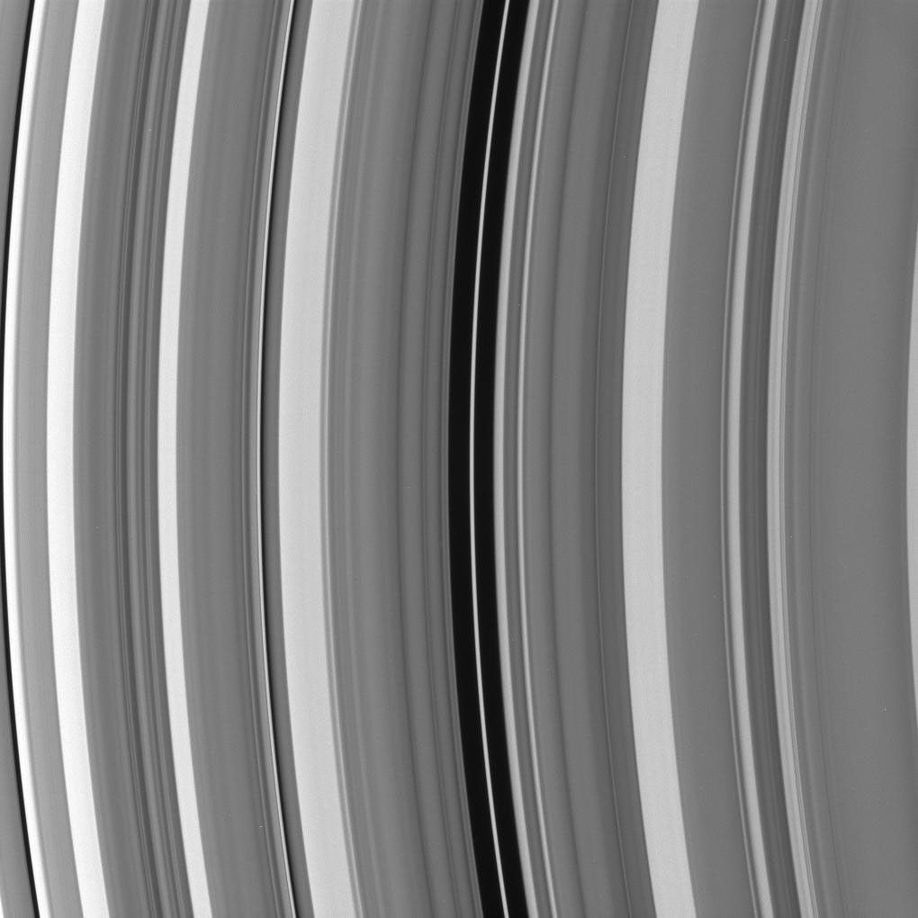 In the Maxwell gap within Saturn's C ring resides a narrow, eccentric ringlet of the same name. This image was captured by NASA's Cassini spacecraft on Oct. 25, 2008.