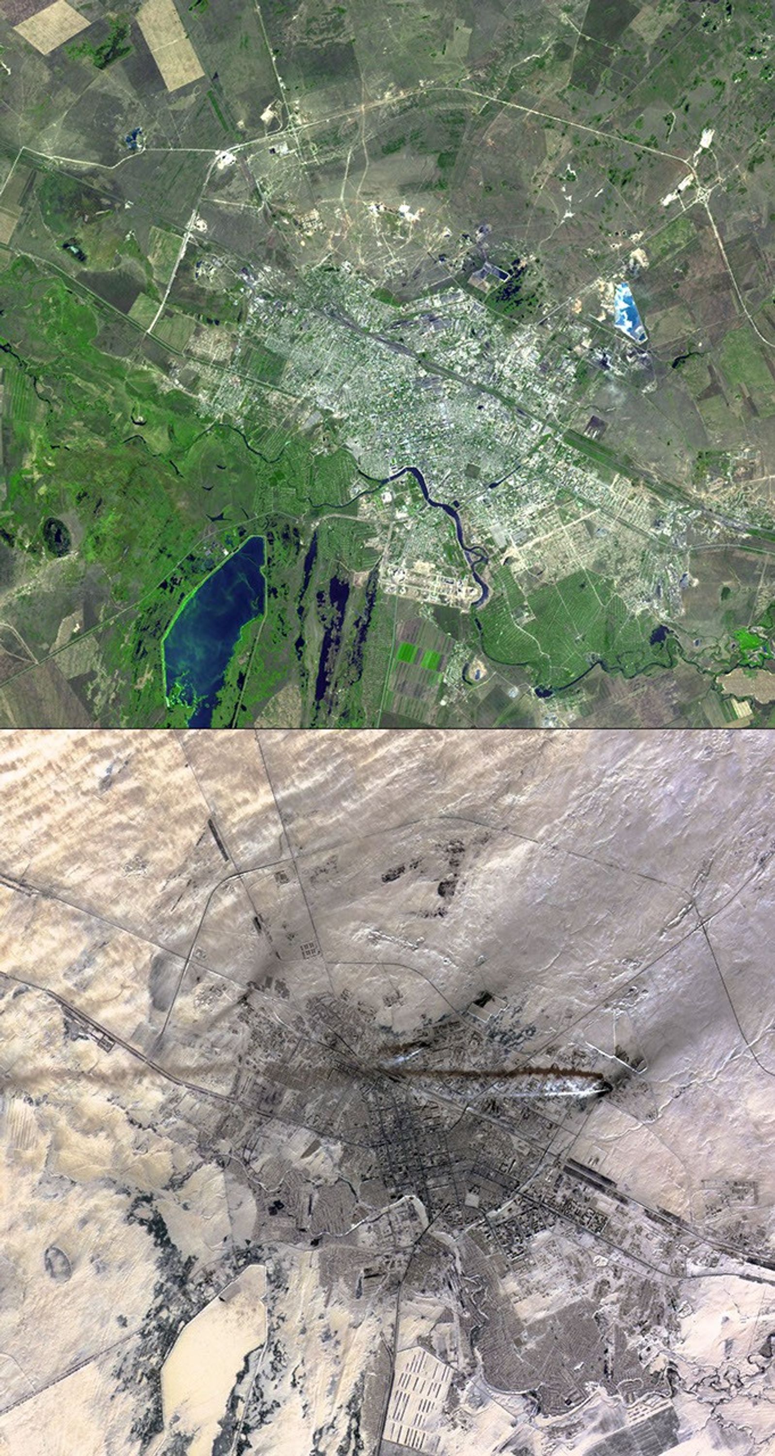 Astana is the capital and second largest city of Kazakhstan. It was founded as a fort in 1824 on the Ishim River by Siberian Cossacks, and became a railway junction in the early 20th century. This image is from NASA's Terra satellite.
