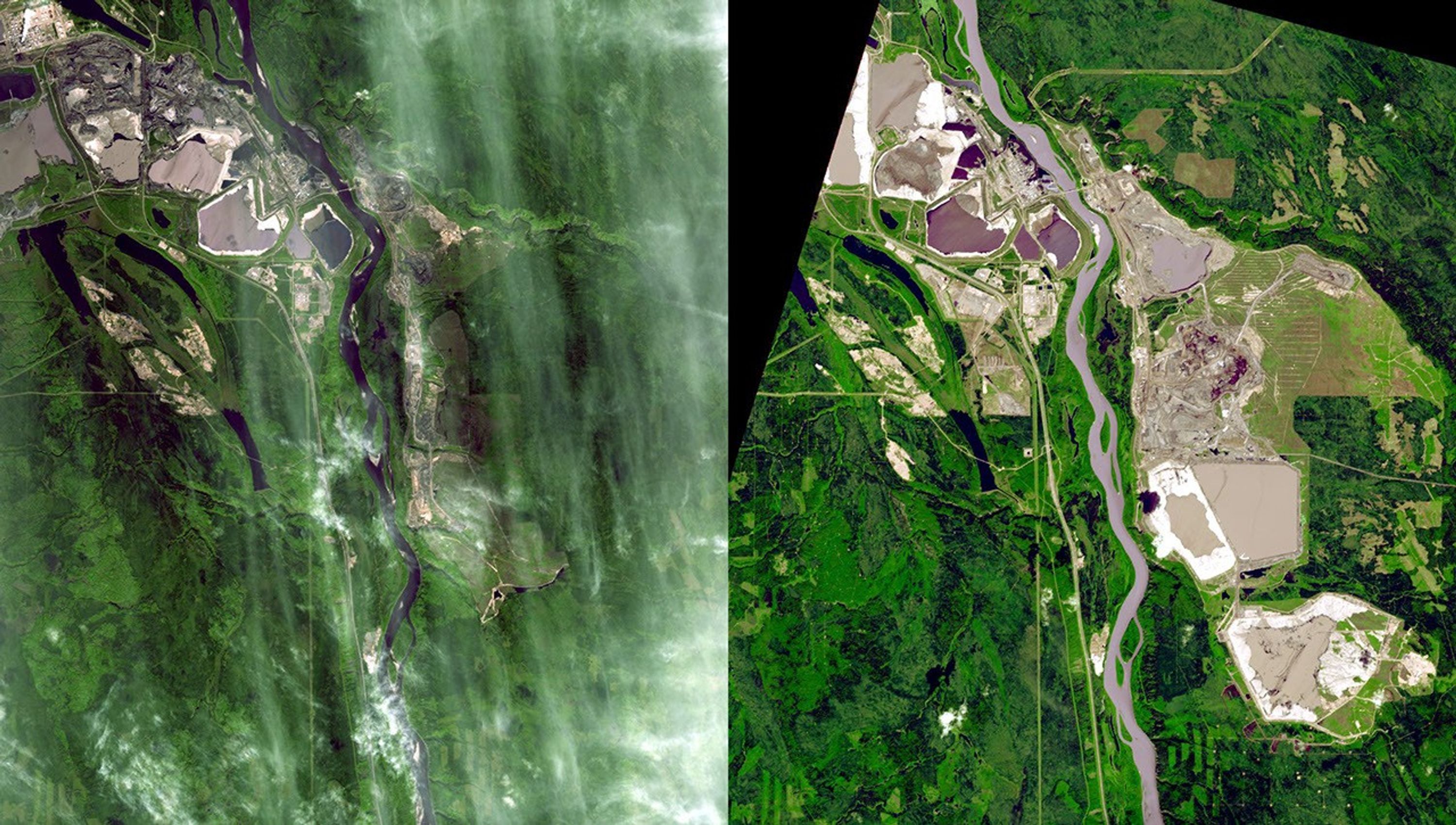 Near Fort McMurray, Alberta, Canada, on the east bank of the Athabasca River, are found the Steepbank and Millennium open pit mines. These images were acquired by NASA's Terra satellite on September 22, 2000 and July 31, 2007.