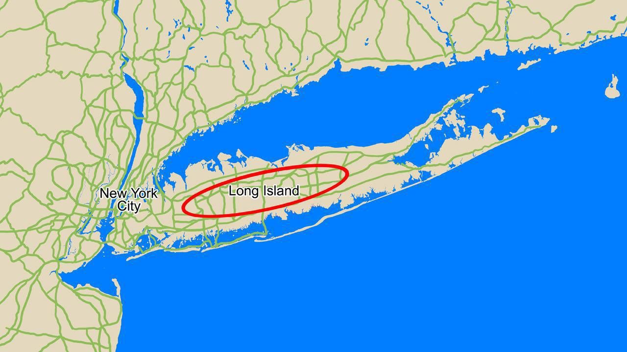 This map compares the size of the area where NASA's Phoenix Mars Lander was expected to land, called the landing ellipse (red), to the size of Long Island, N.Y.