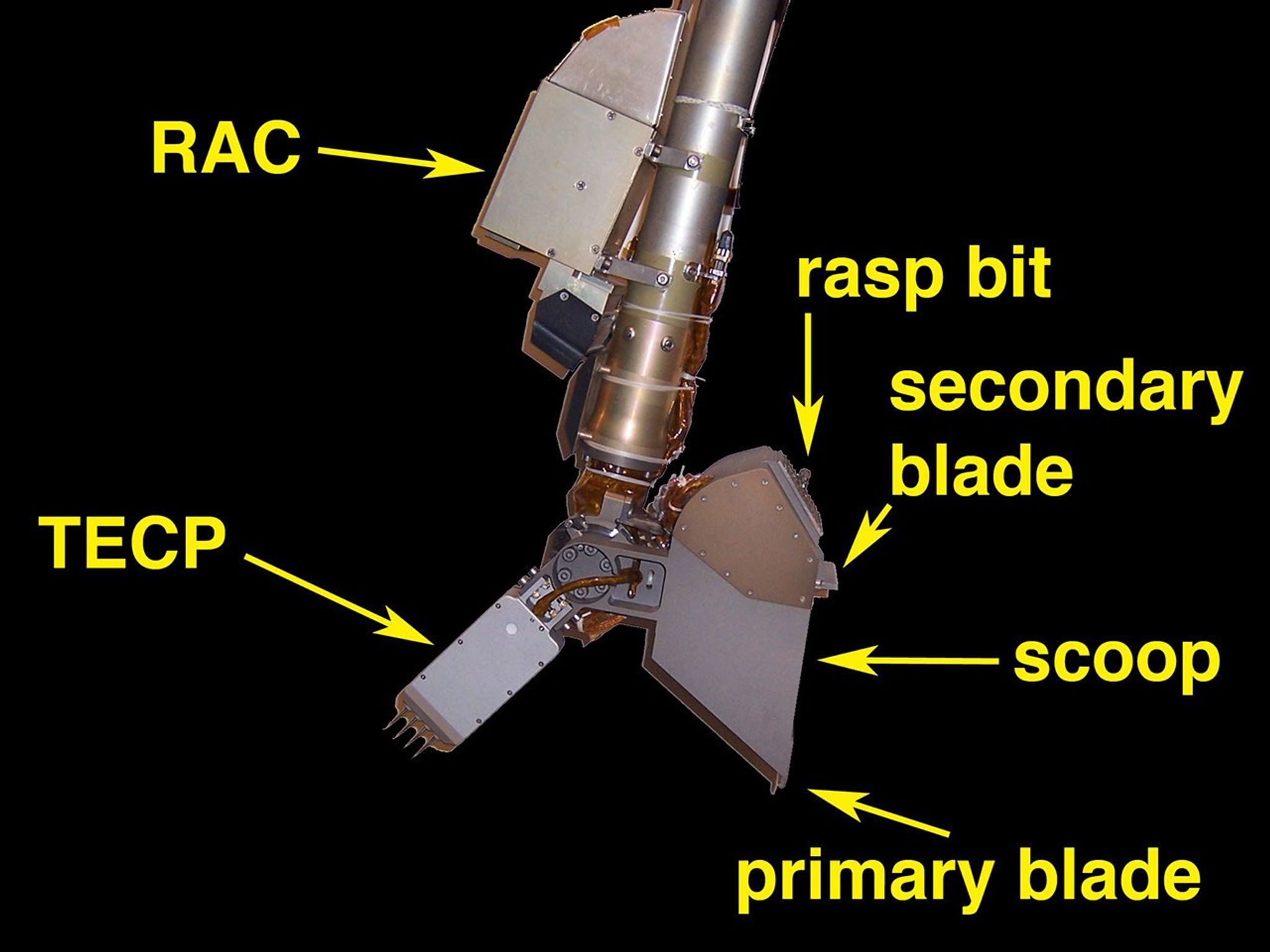 Image illustrates the tools on the end of the arm that are used to acquire samples, image the contents of the scoop, and perform science experiments.