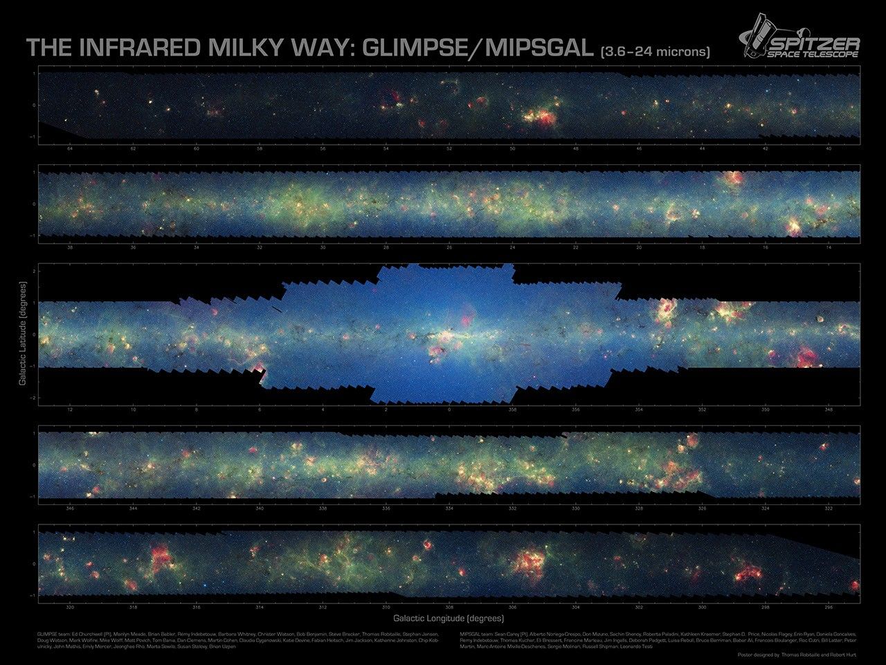 More than 800,000 frames from NASA's Spitzer Space Telescope were stitched together to create this infrared portrait of dust and stars radiating in the inner Milky Way.