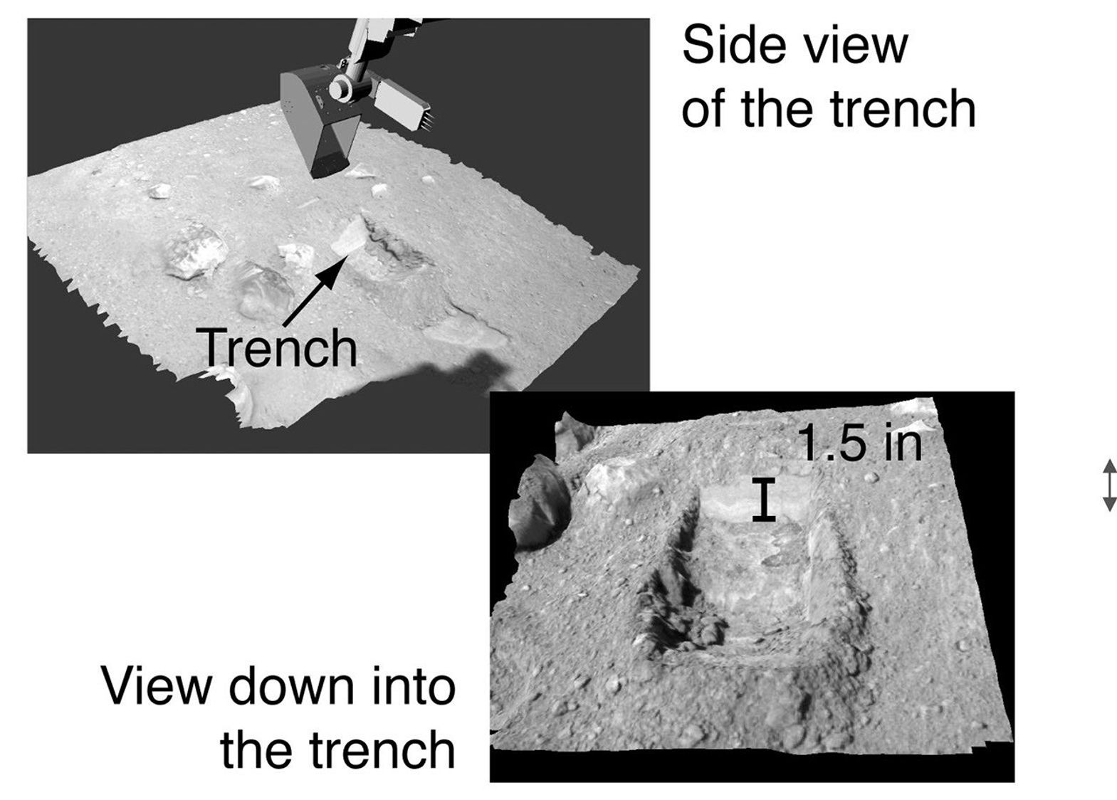 NASA's Phoenix Mars Lander shows a side view and a downward view into the trench it was digging in June of 2008.