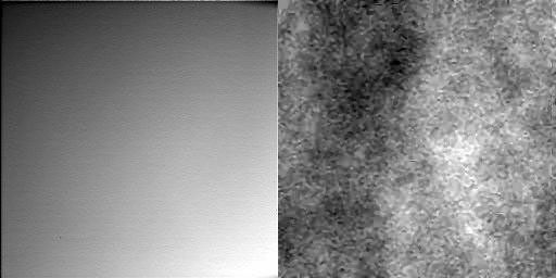 These two images were taken by the Surface Stereo Imager (SSI) on NASA's Phoenix Mars Lander when it was pointed almost straight up, toward the southwest. Zenith is near the top of the center frame.