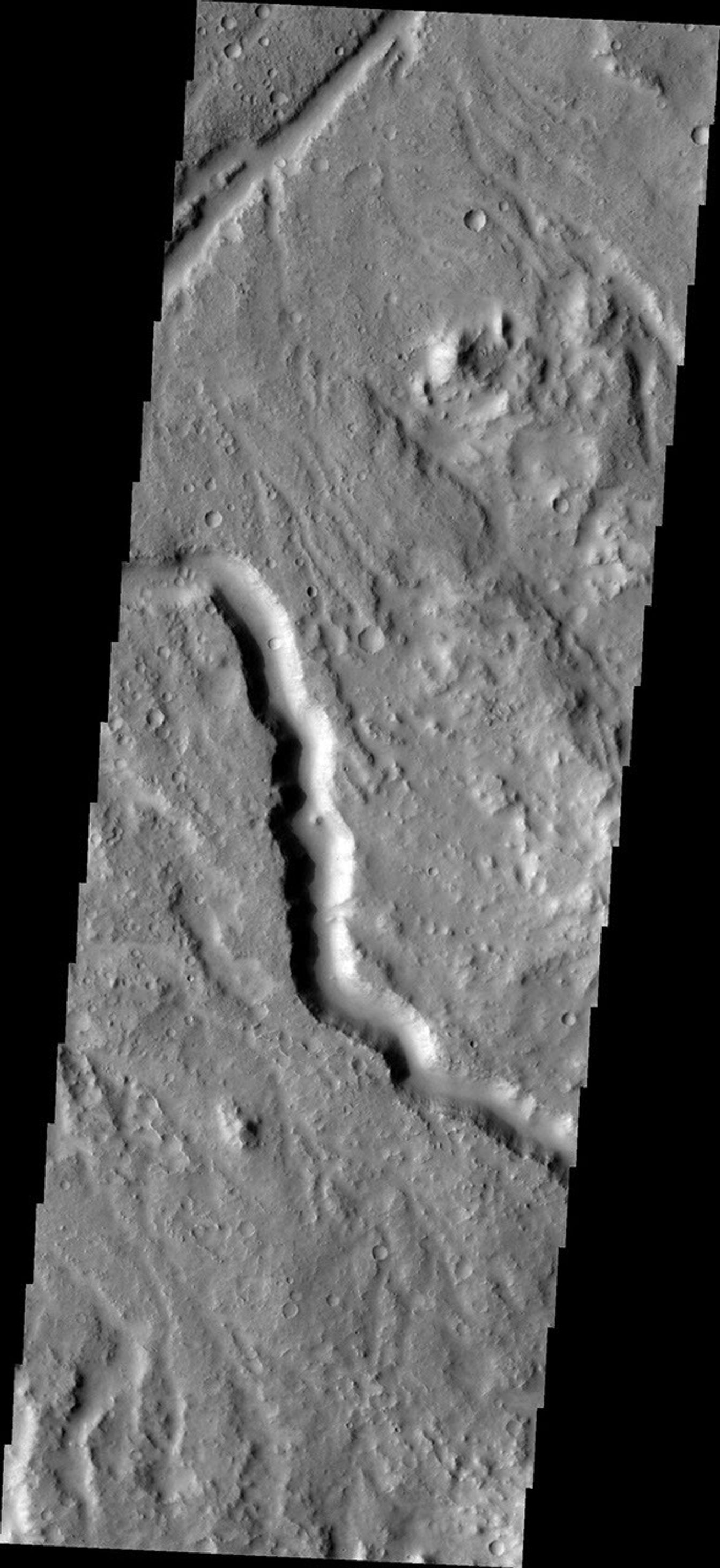 This image from NASA's Mars Odyssey shows one of the many channels located in Lybia Montes, the highlands bordering the southern portion of Isidis Plainitia.