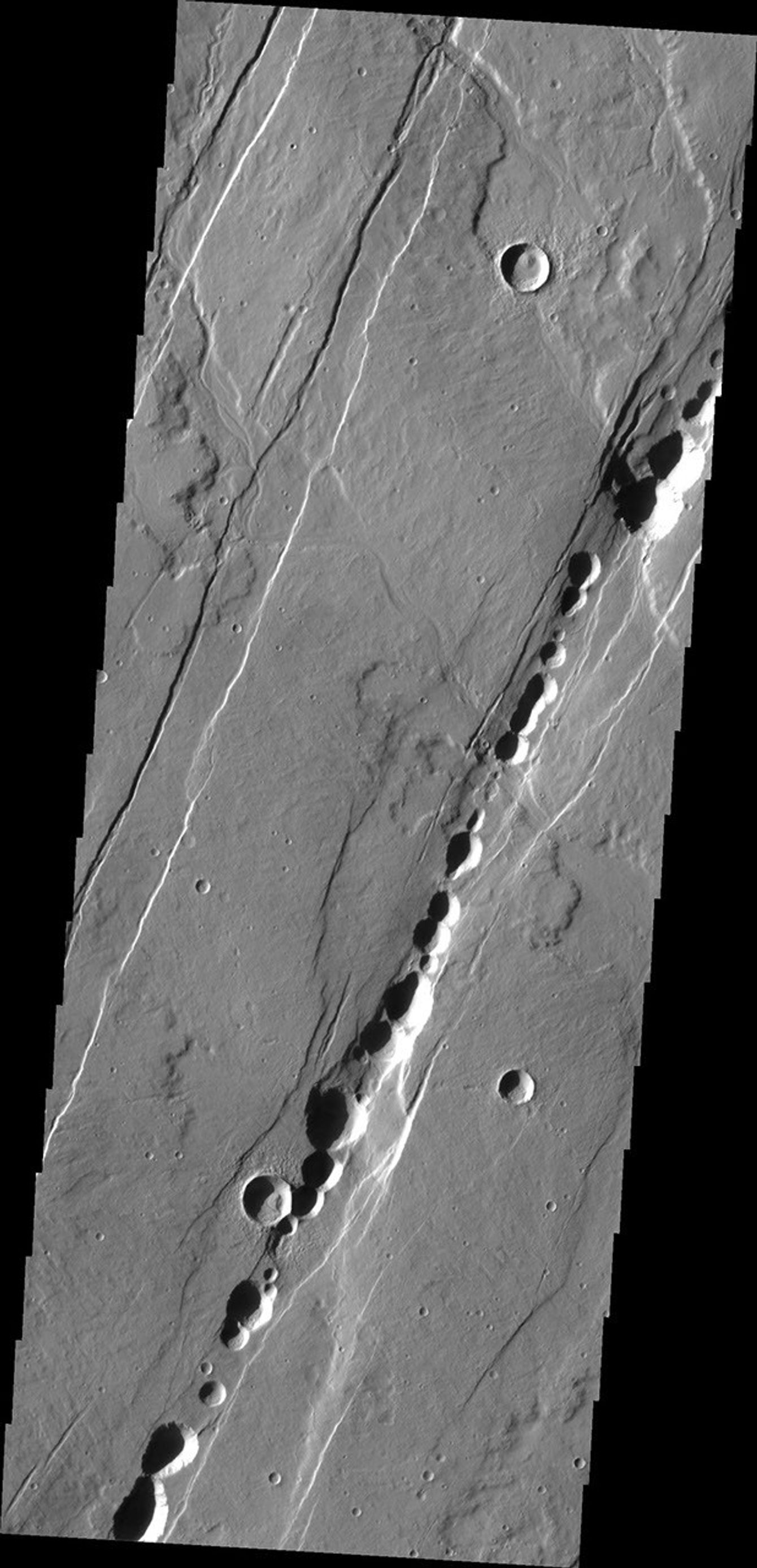 This image from NASA's Mars Odyssey shows the ancient collapsed volcano, Alba Patera, surrounded by graben and collapse features termed catenae on Mars.