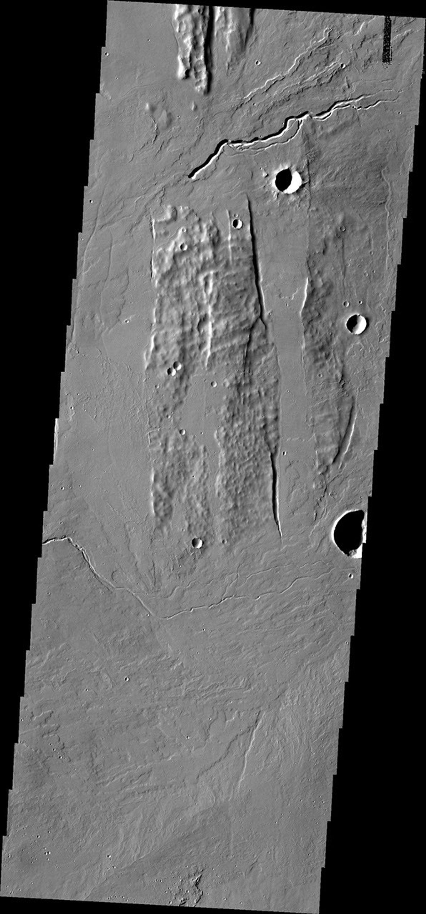This image from NASA's Mars Odyssey shows the fossae region to the south of Alba Patera, an ancient collapse volcano. Several lava channels are visible in this image.