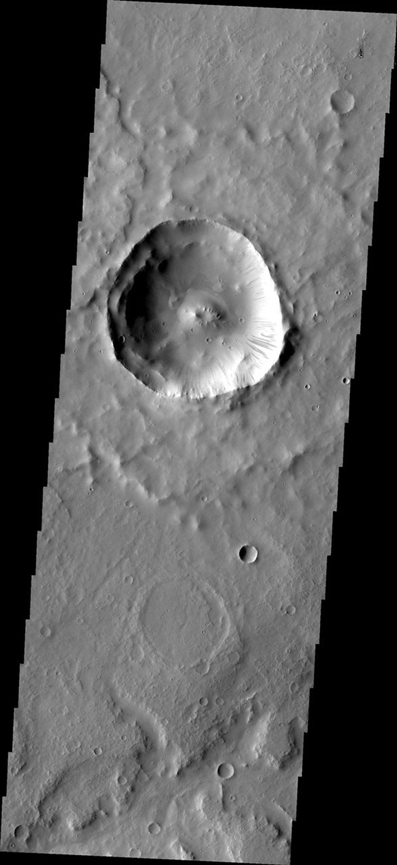 This image from NASA's Mars Odyssey shows an unnamed crater in Terra Sabaea with prominent dark slope streaks.