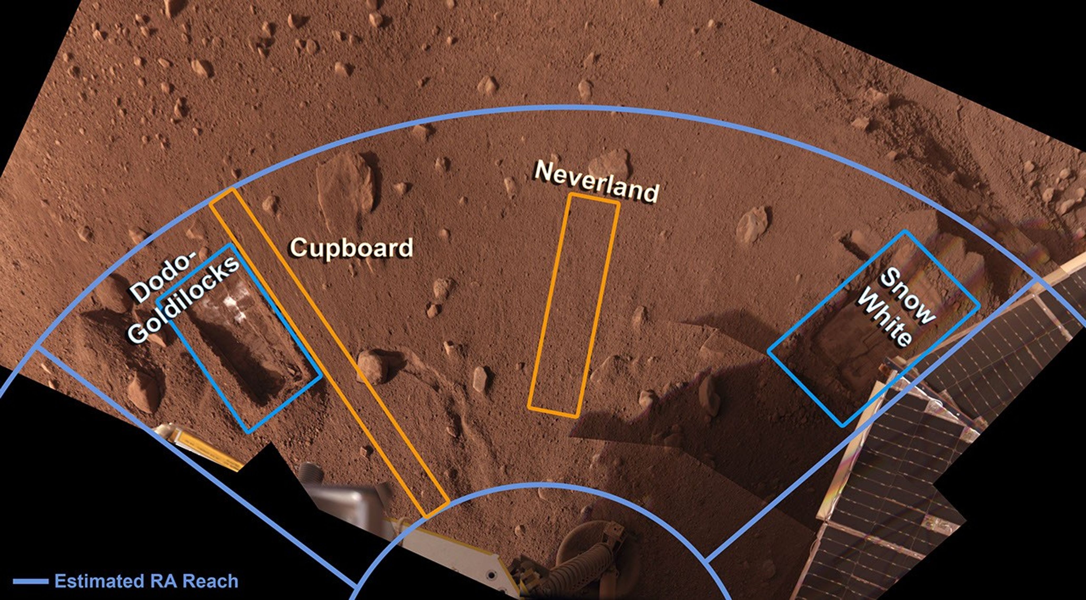 This image taken by NASA's Phoenix Mars Lander's Surface Stereo Imager shows the trenches, labeled Dodo-Goldilocks and Snow White, and the areas that were identified for digging, labeled Cupboard and Neverland.
